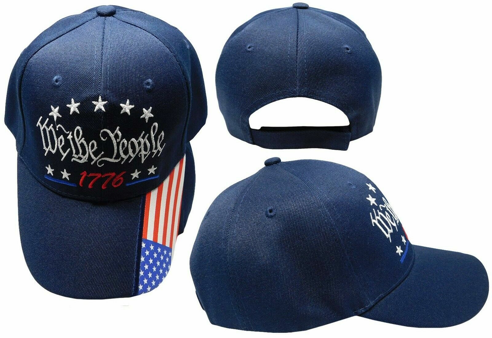 We The People 1776 Navy Blue USA Flag On Bill Adjustable Embroidered Cap Hat