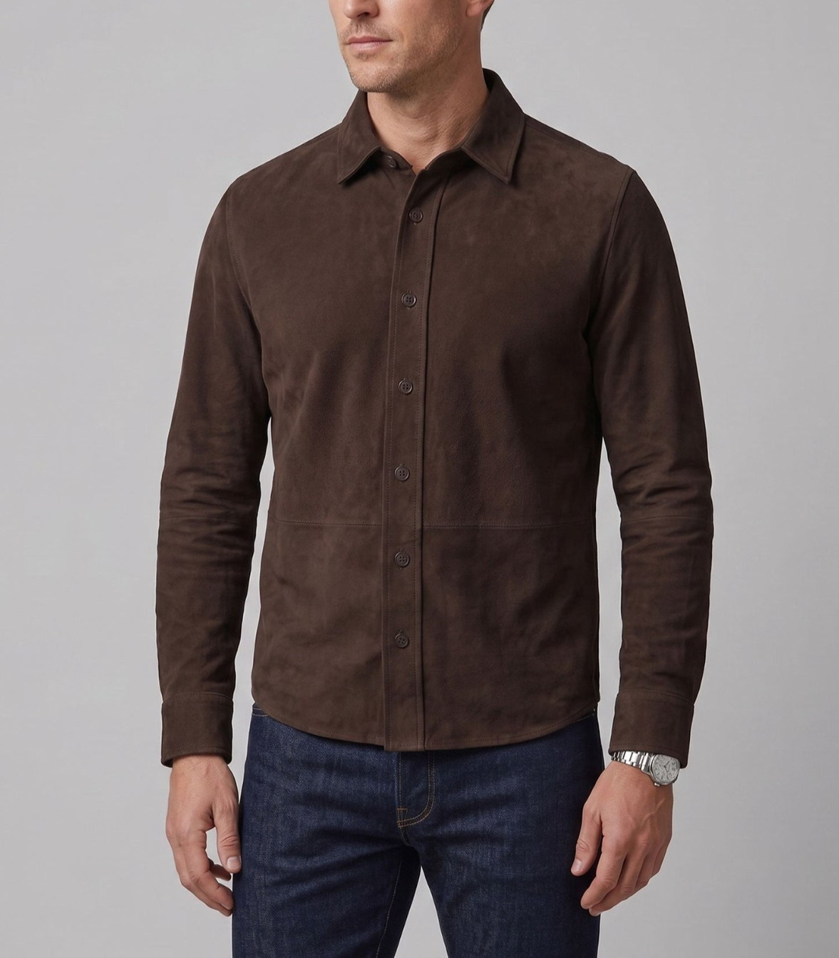 Mens Dark Brown Suede Leather Shirt Jacket Casual Shacket Slim Fit Overshirt New