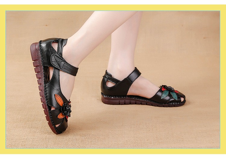 Women Floral Leather Sandals Closed Toe Ankle Strap Non Slip Casual Flat Shoes