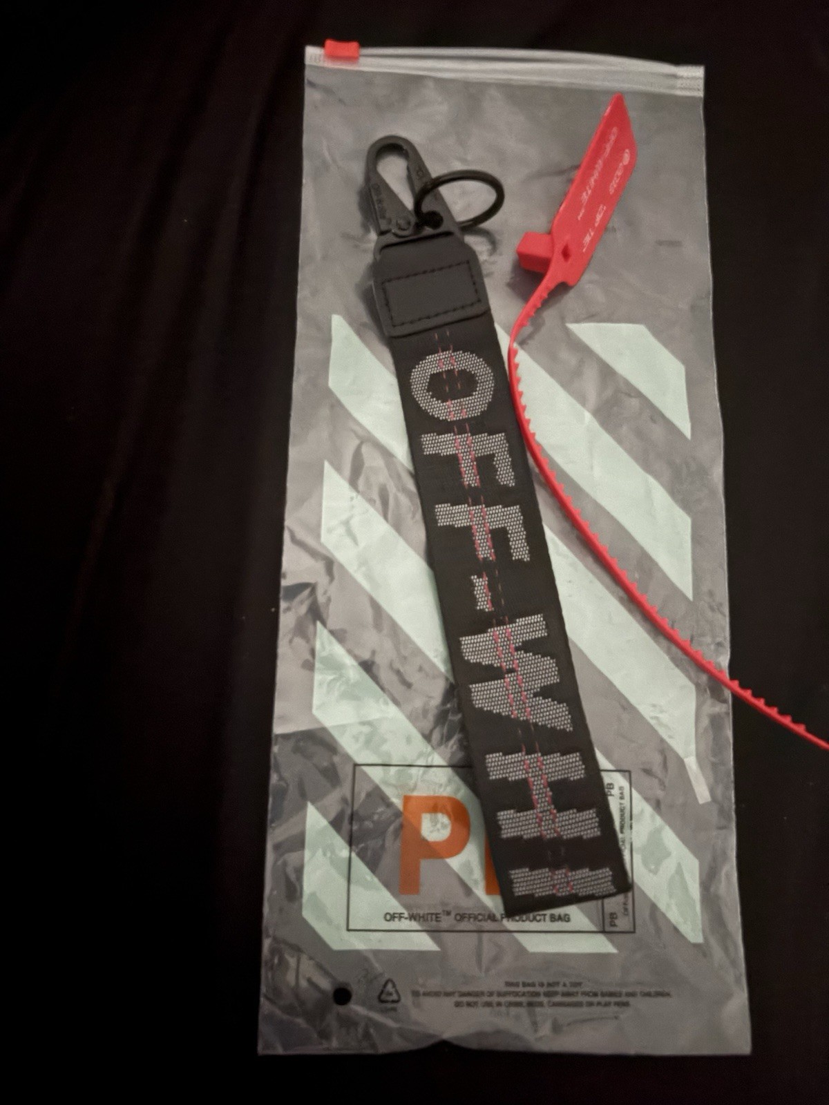 Off-White Black Logo Strap Key Chain w/ Clip, Detachable Nylon/Metal