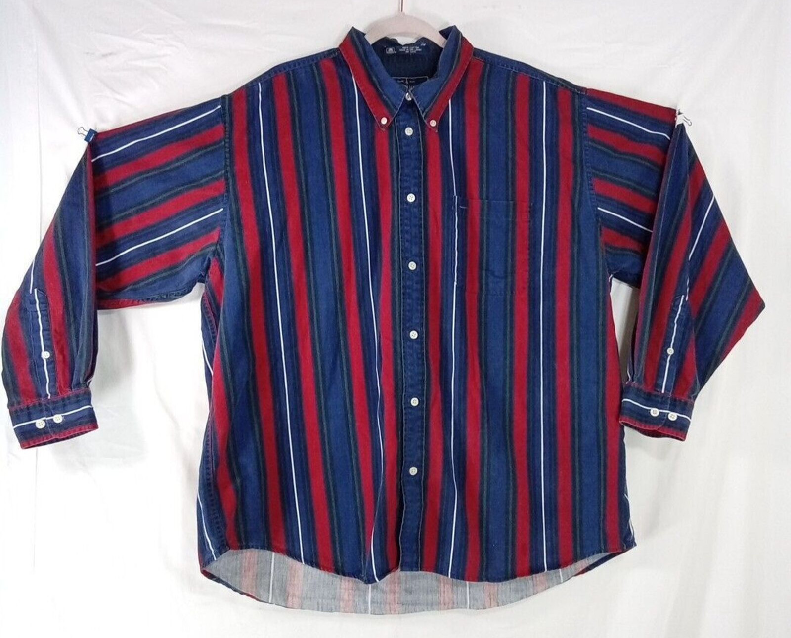 John Ashford Shirt XXL Red Green Blue White Stripe Casual Button Pocket Long Sl