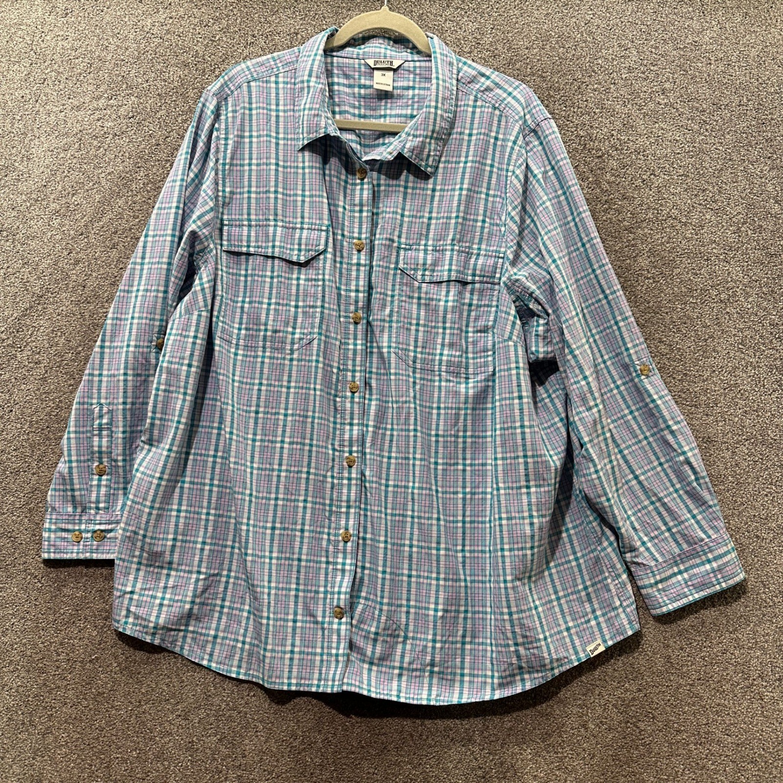 Duluth Trading Armachillo Button Up Top Women 3X Plaid Roll Tab Moisure Wicking