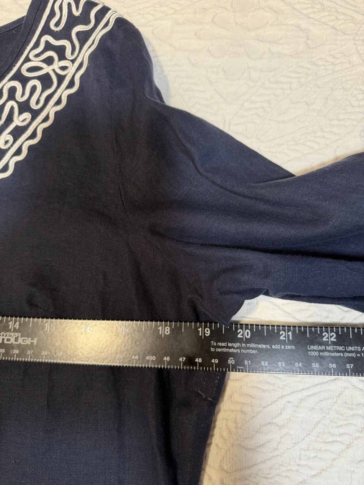100% Linen Top Navy V-Neck White Scrollwork Women’s L 3/4 Sleeve e.col.o.gie