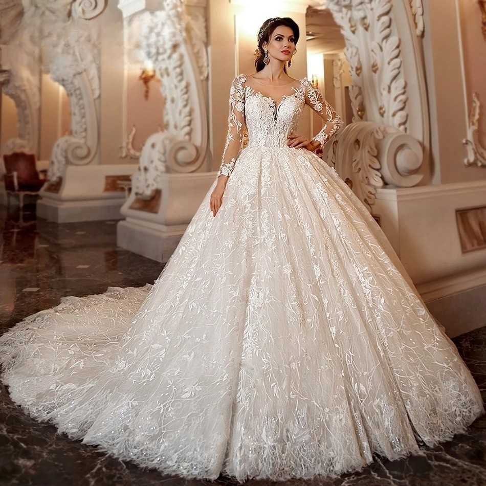 Ivory Lace Ball Gown Wedding Dresses Long Sheer Sleeves Bridal Gown With Train