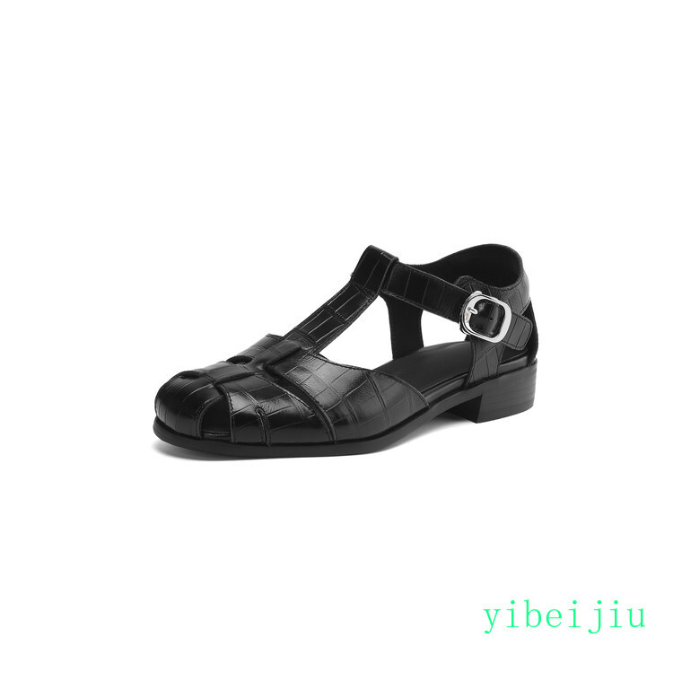 Roman Women’s Real Leather Closed Toe Sandals Hollow Out Low Heel Shoes Buckle