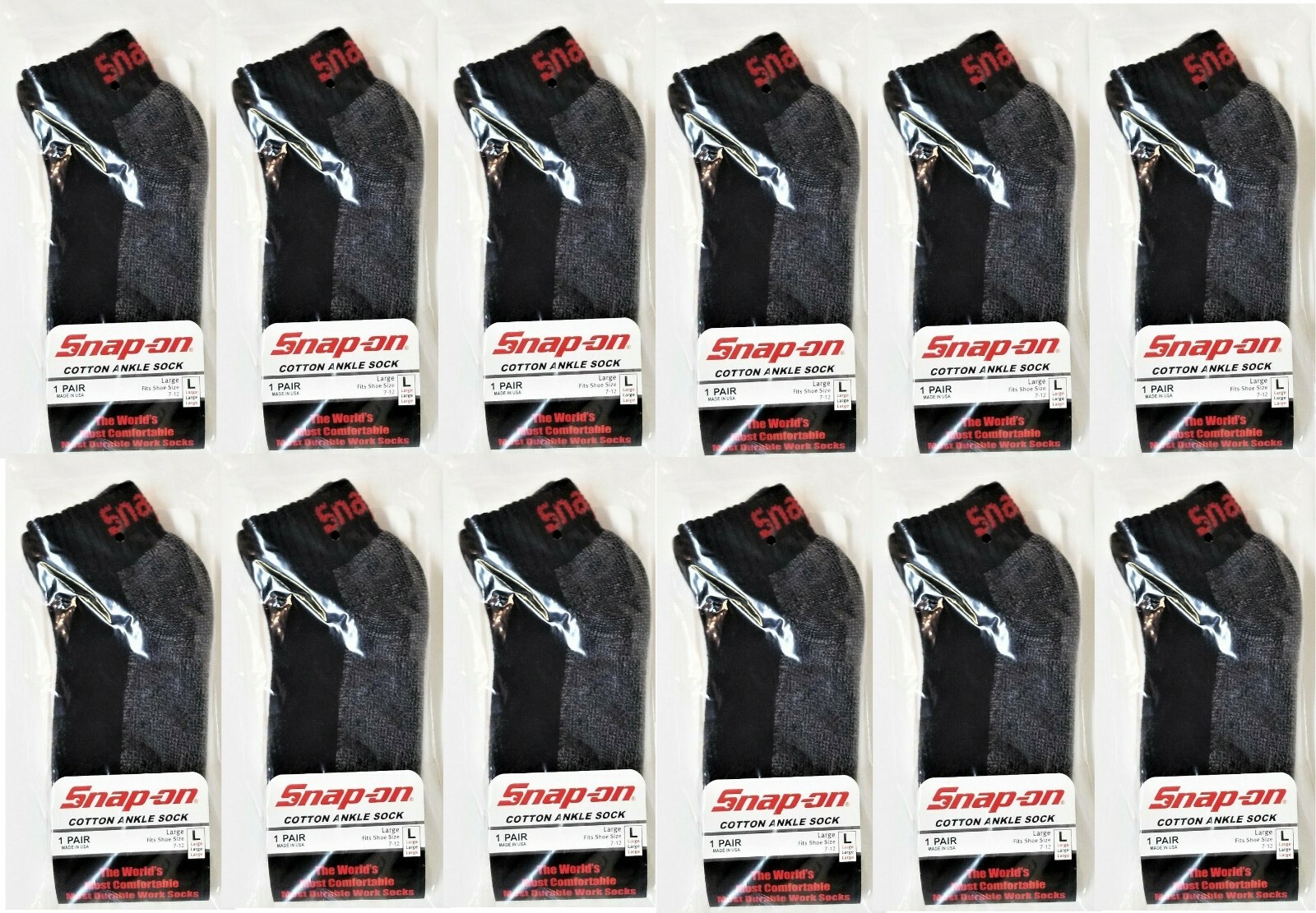 12 PAIRS Men’s BLACK Snap-On Ankle Socks LARGE *FREE SHIPPING* MADE IN USA *NEW*