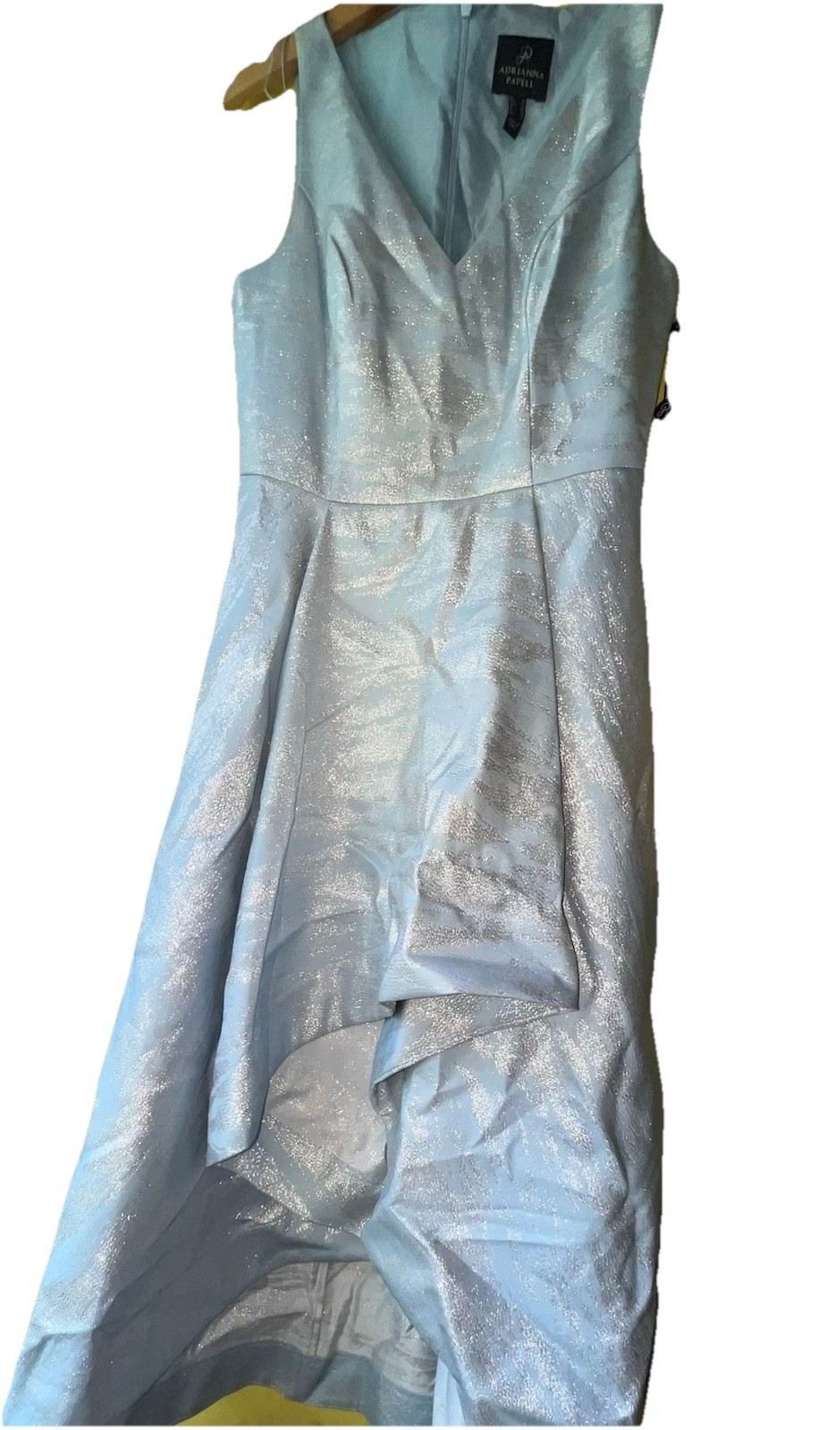 New Adrianna Papell Blue/Silver Jacquard Pleated Hi-Low V-Neck Dress Size 4