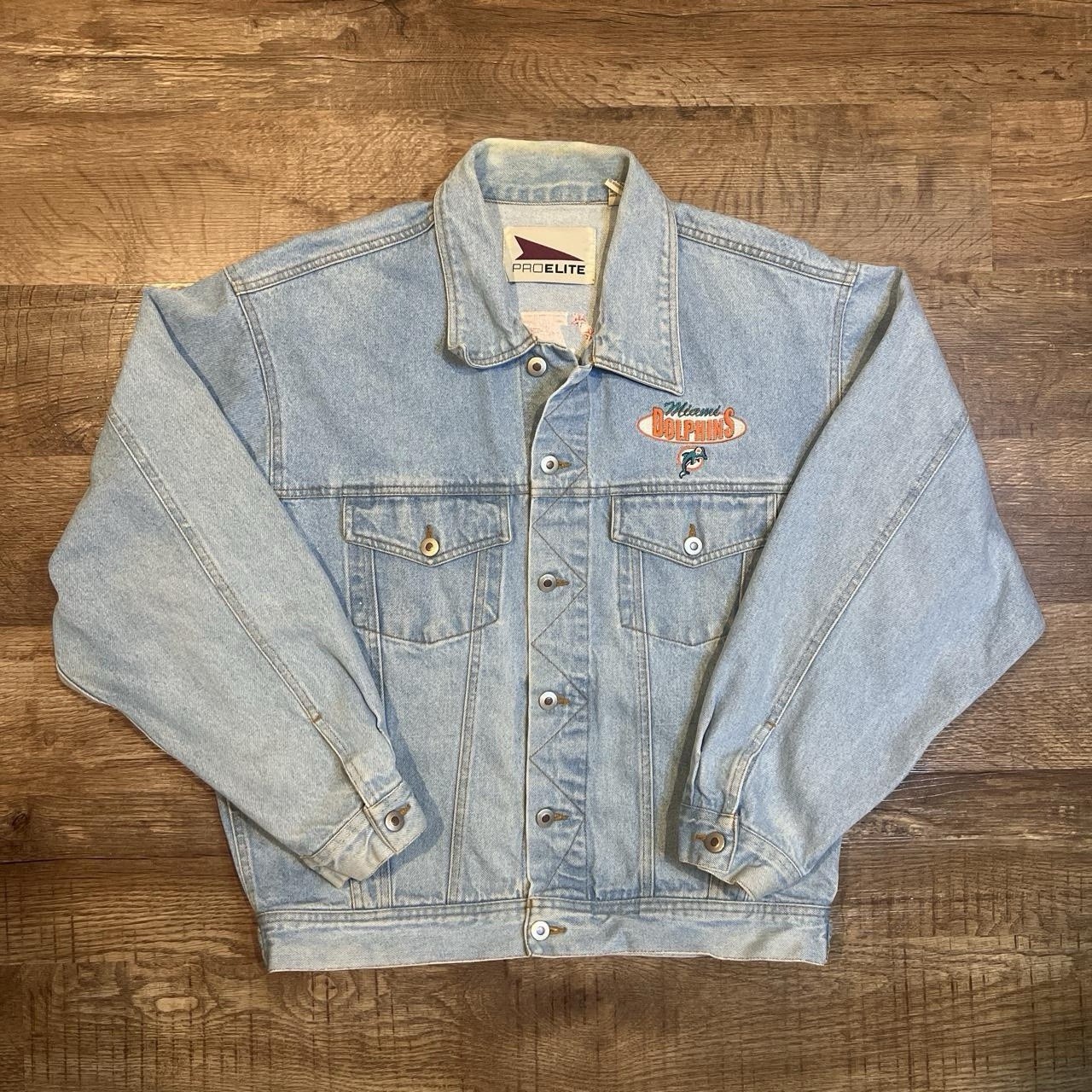 Vintage 90s Pro Elite Miami Dolphins Light Blue Denim Trucker Jacket Size L