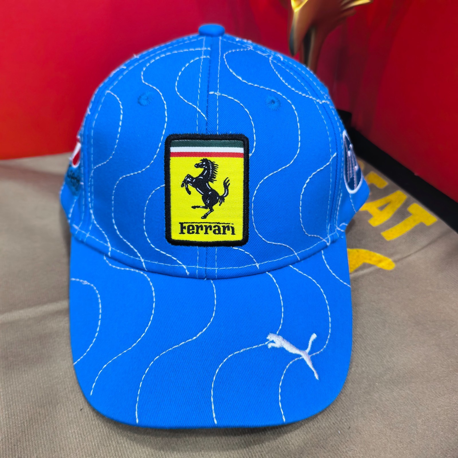 Ferrari Casual Blue Baseball Cap with White Stripes
