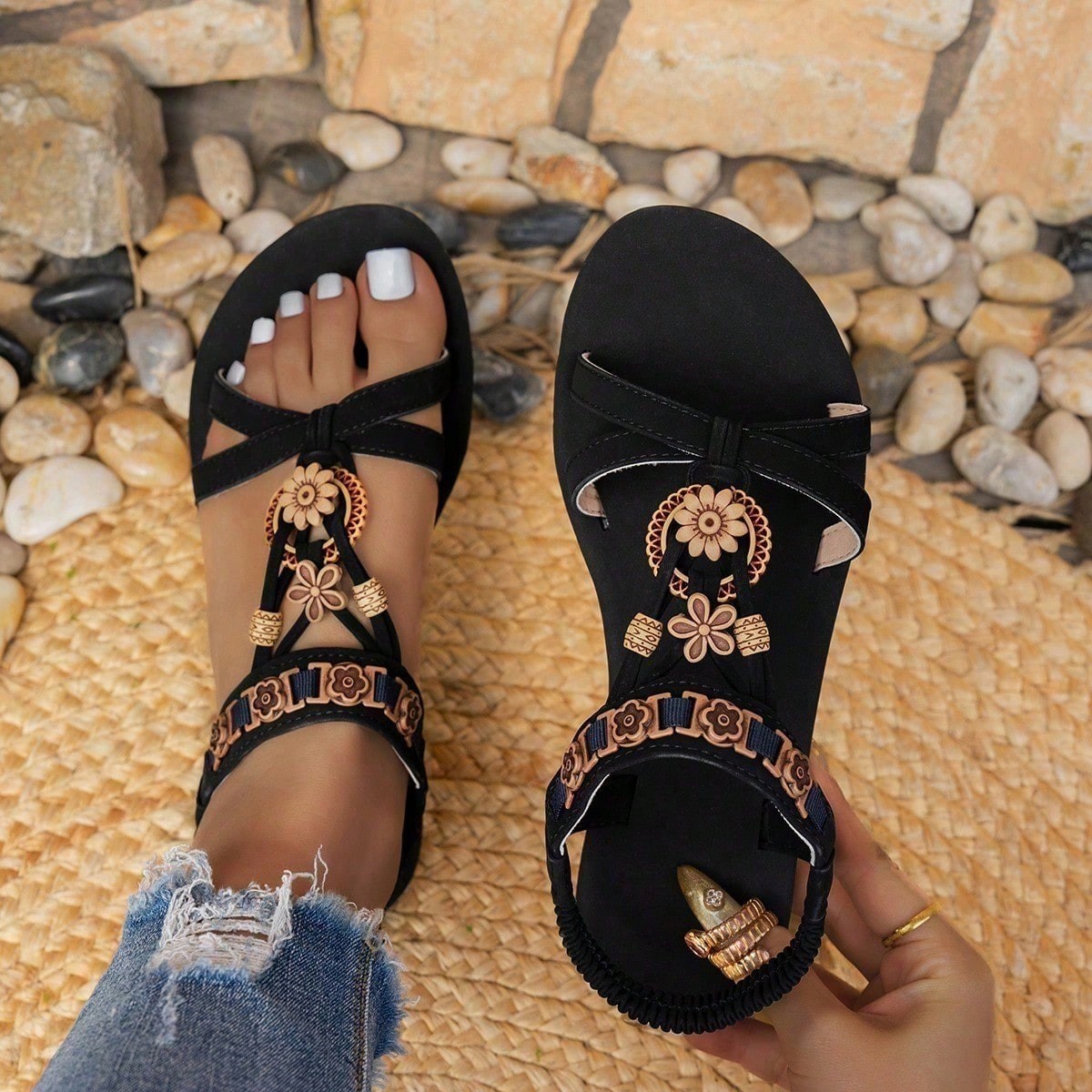 Flat Sandals for Women Boho Dressy Ladies Sandal Non Slip on Elastic Ankle Strap
