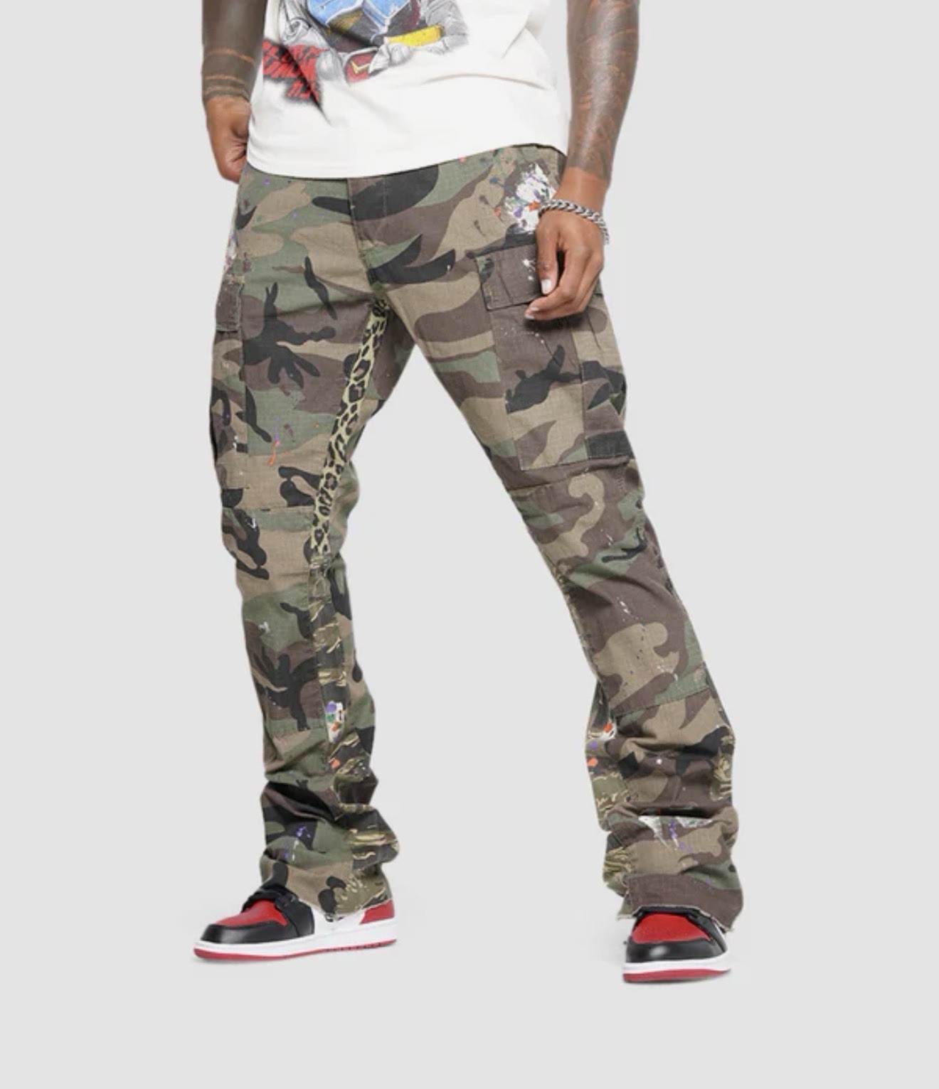 MNML Bootcut Contrast Camouflage Cargo Pants Size 34 Paint Ripstop
