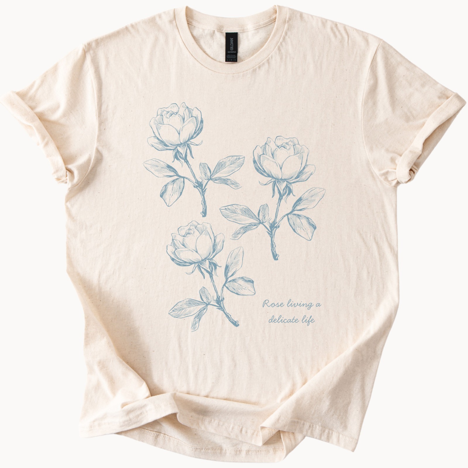 Rose Drawing TShirt Blue Floral Graphic Botanical Soft Cotton Shirt Flower Sketc