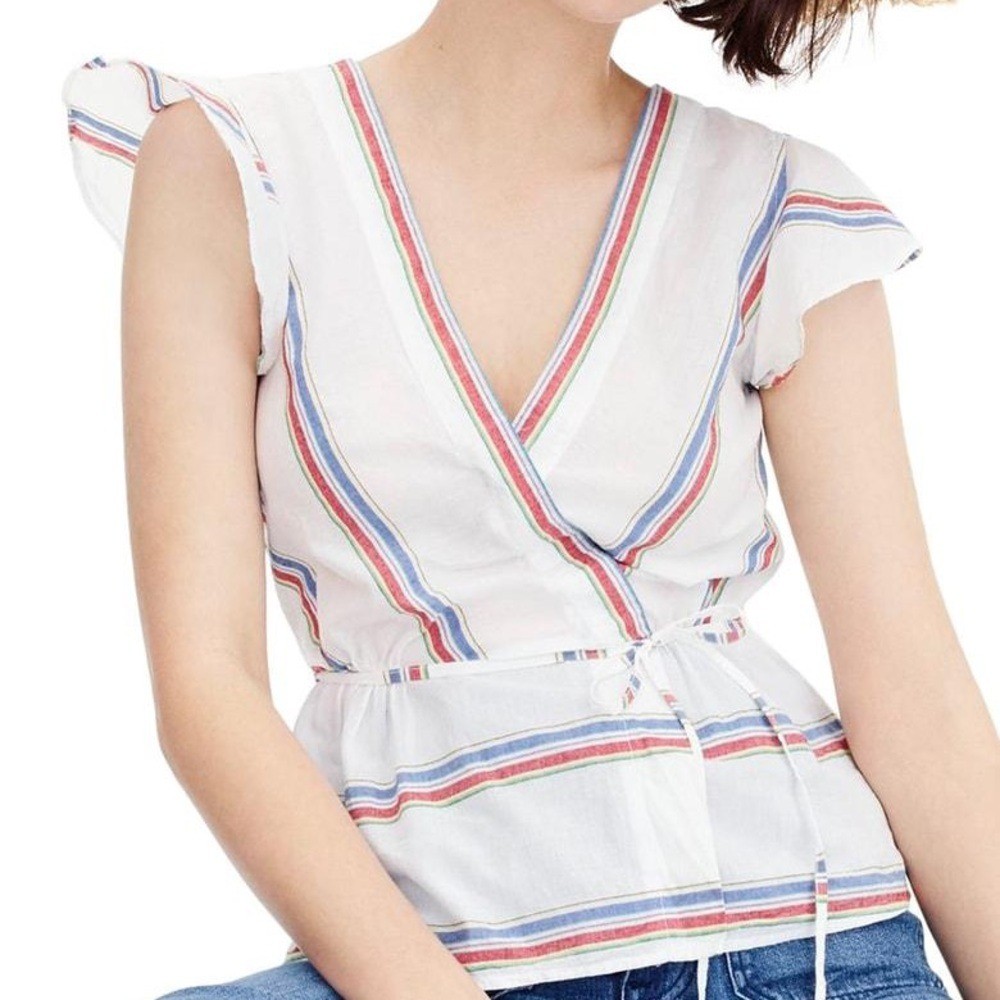 J Crew New Women’s size 2 Flutter Sleeve Striped Wrap top v neck elastic waist