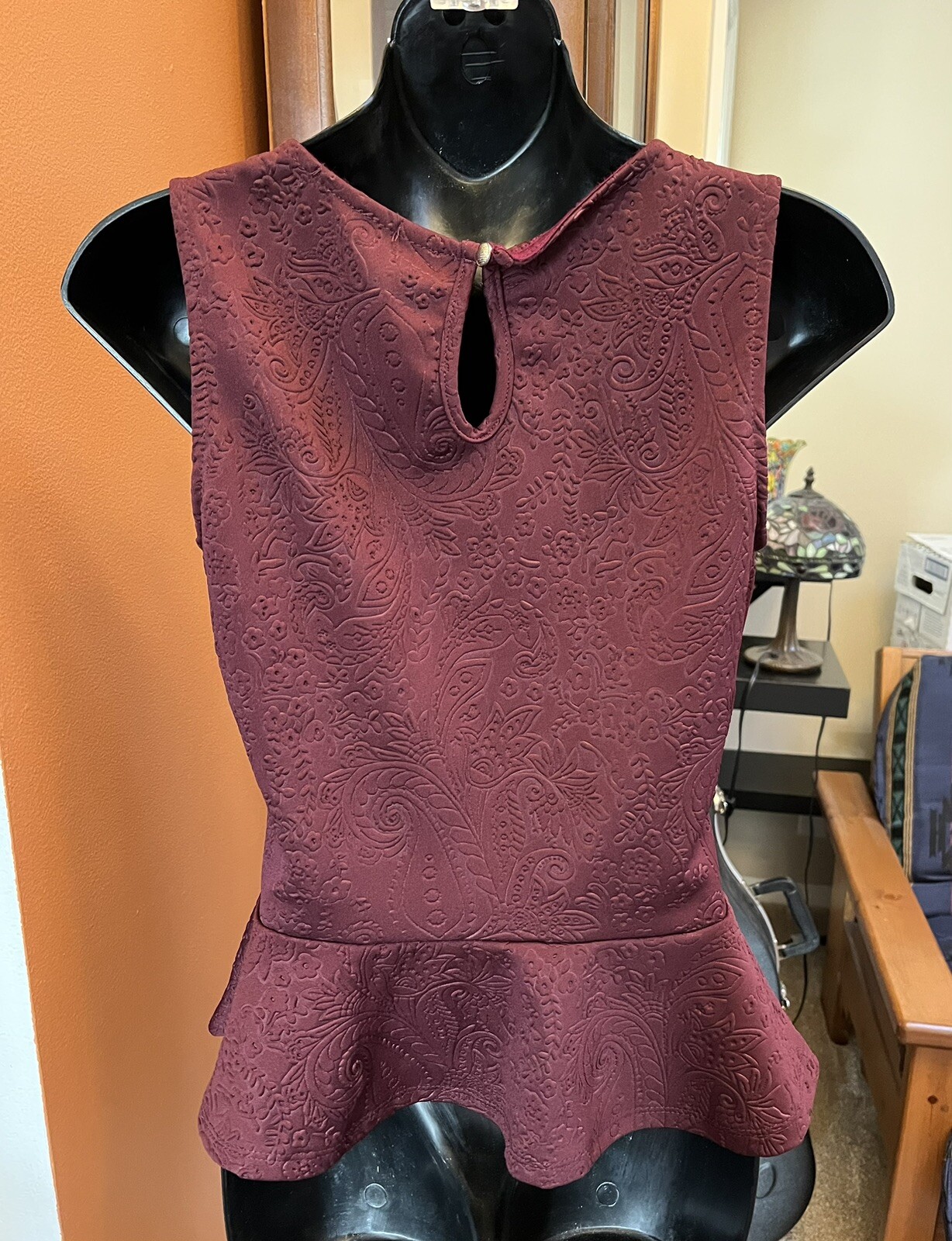 Vintage Style Ginger G Maroon Burgundy Wine Peplum Paisley Top