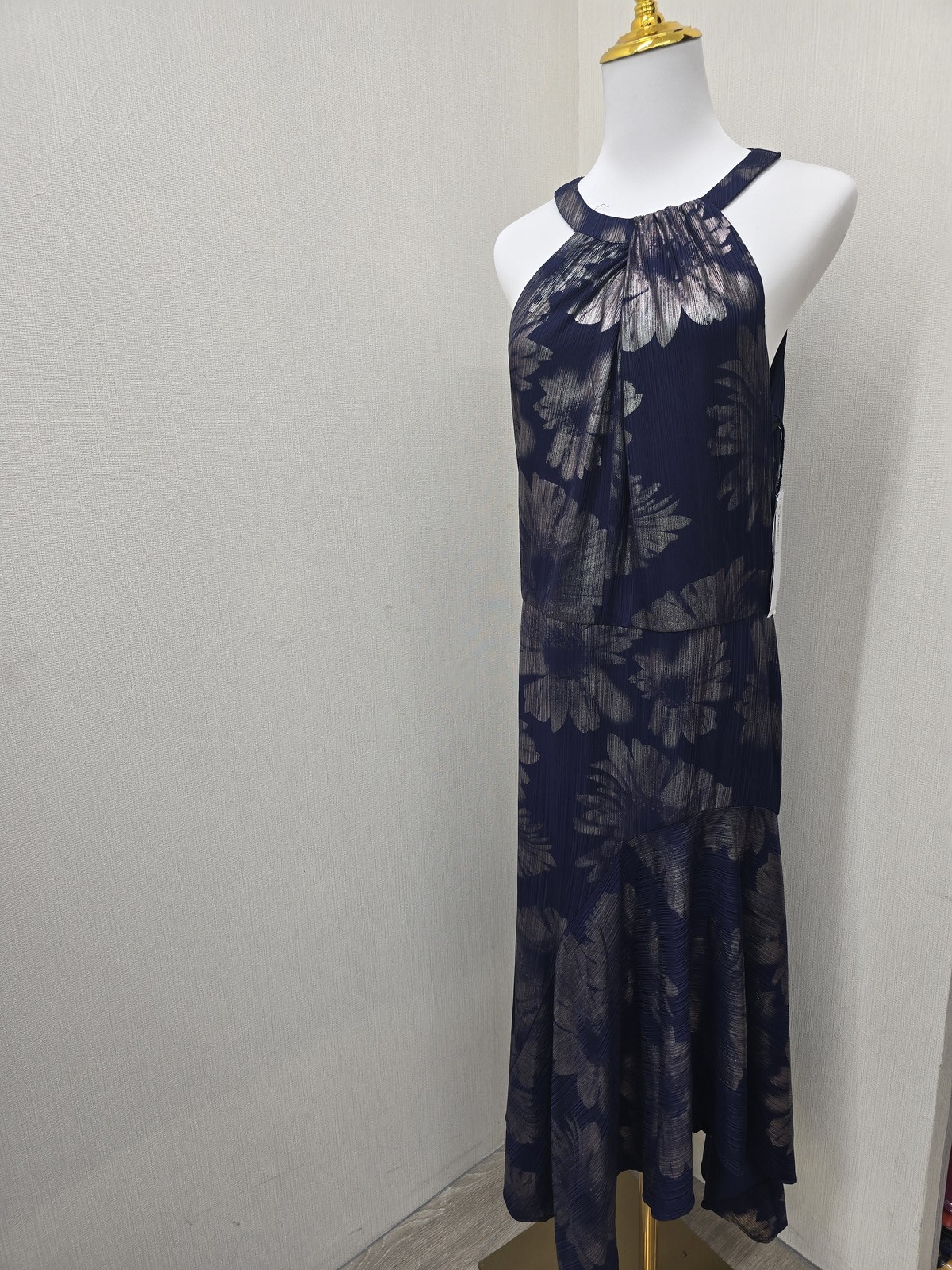 London Times Navy Floral Sleeveless Halter Dress Womens