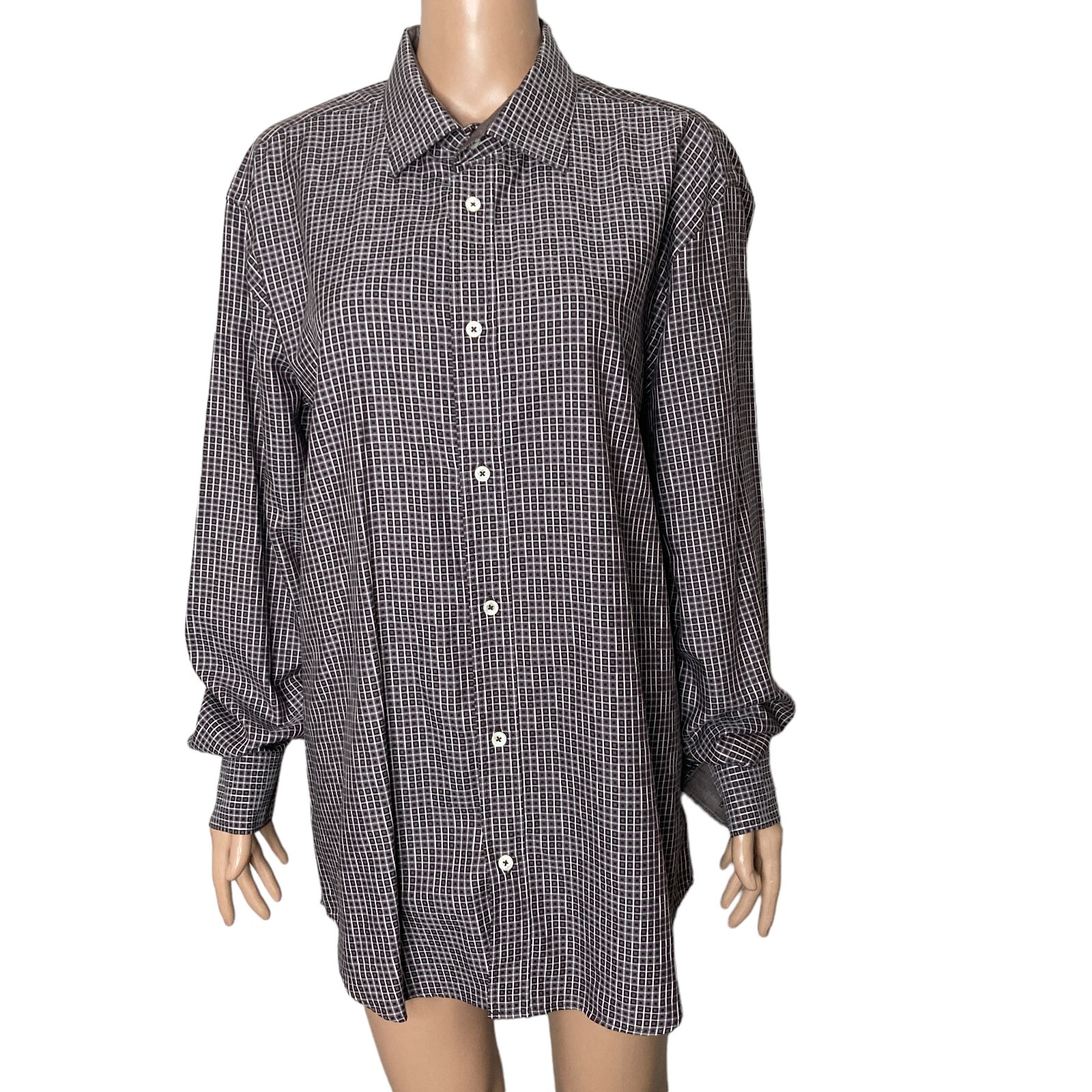 Bugatchi Uomo Shirt Mens XL Shaped Fit Brown White Small Square Geometric