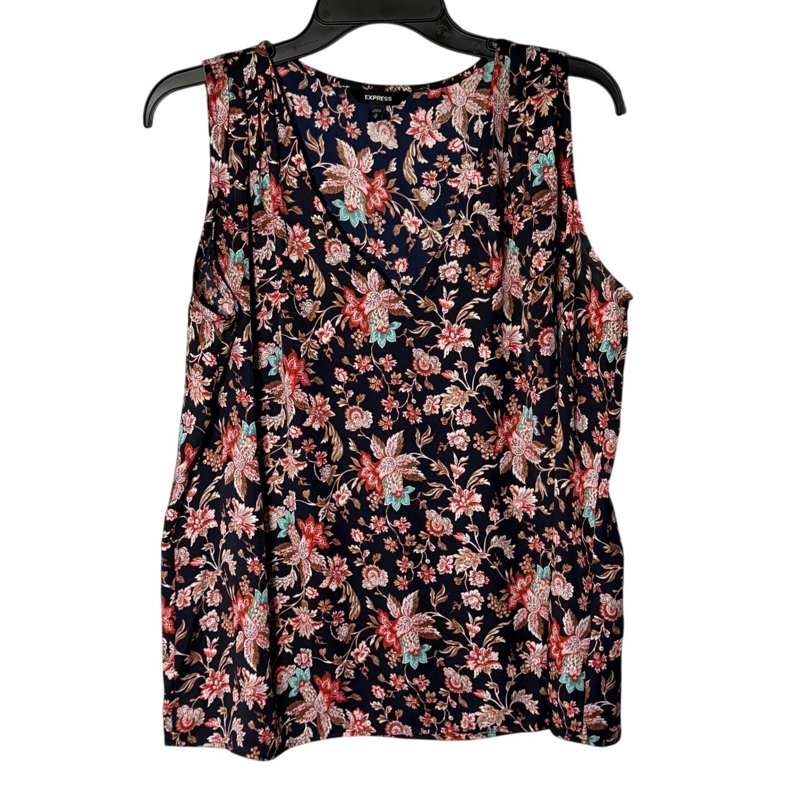 Express Floral Blouse Navy Blue Red Botanical Print Crew Neck Top Womens Medium
