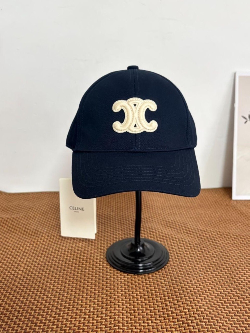 Celine. Triomphe Navy Cotton Baseball Cap with White Logo Embroidery, Adjustable