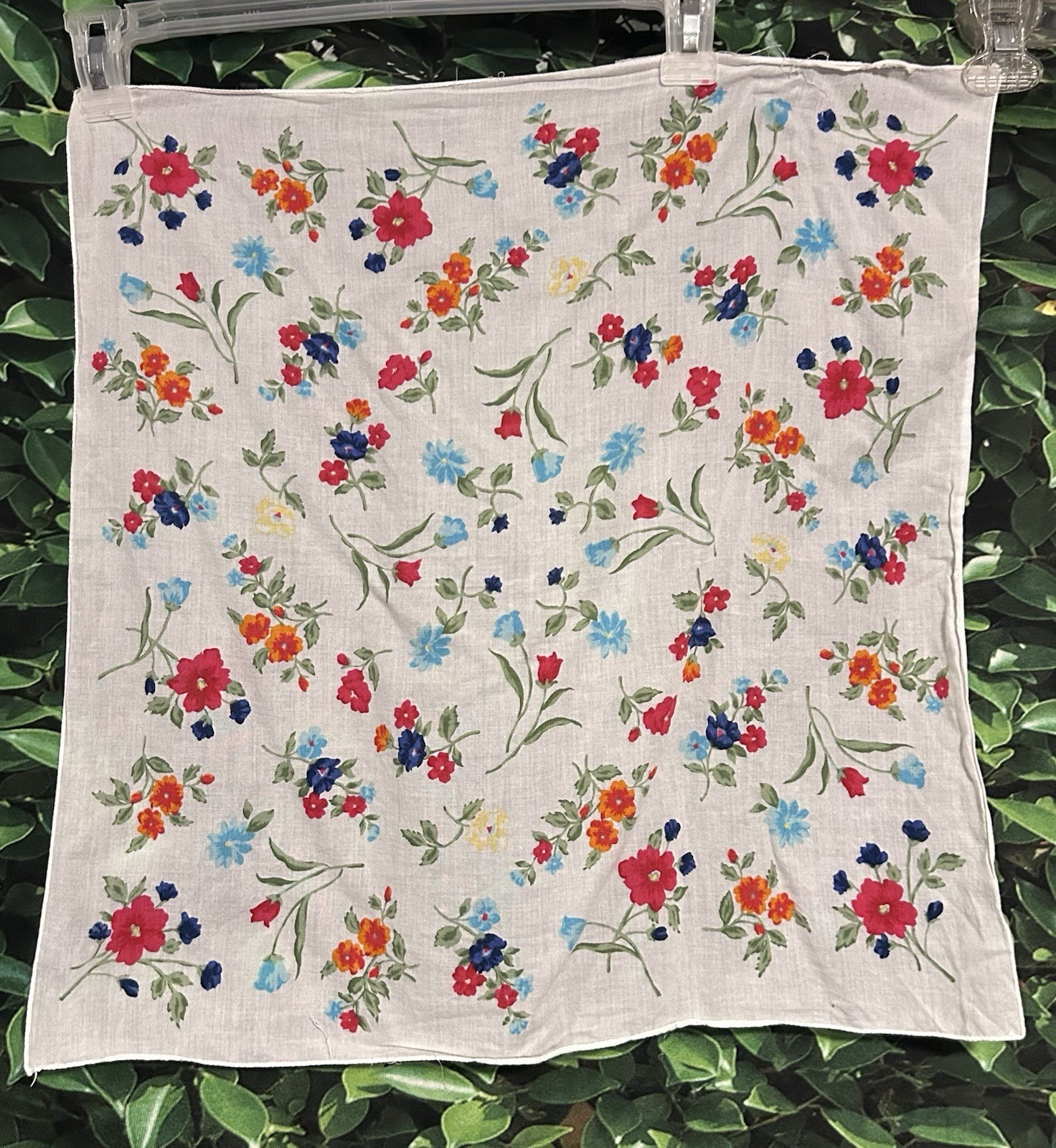 Vintage Floral Cotton Handkerchief White Red Blue Green 19.5″