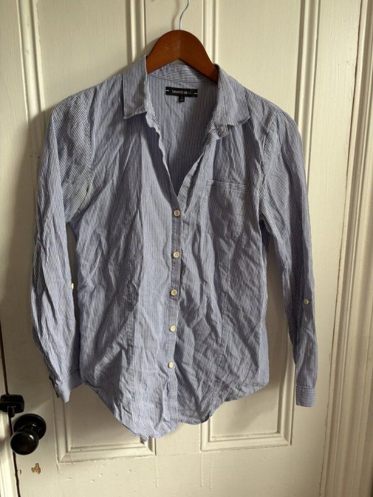 Lafayette 148 New York Blue White Striped Button Down Shirt Cotton Tencel S