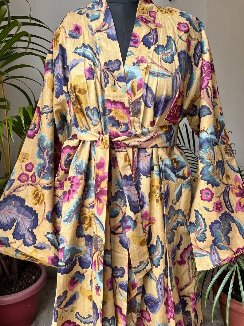 Indian Yellow Floral Printed Cotton Robe Long Kimono Sleepwear Night Suit Kimono