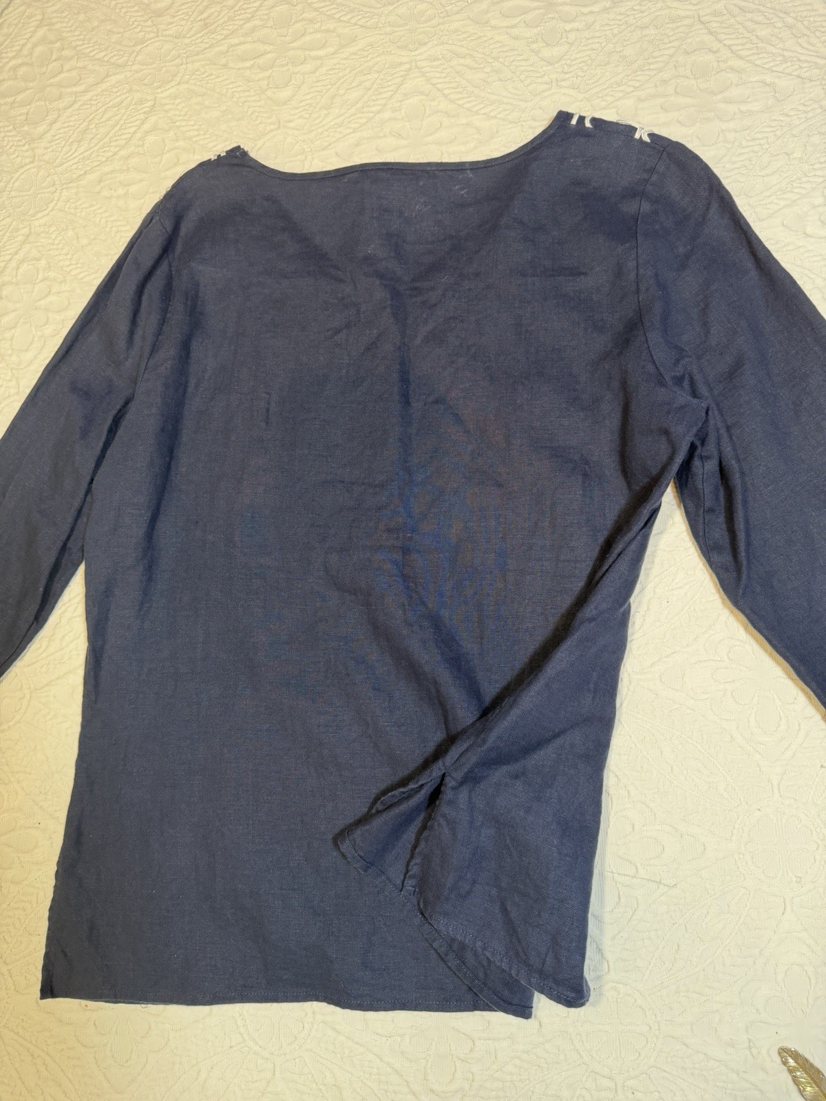 100% Linen Top Navy V-Neck White Scrollwork Women’s L 3/4 Sleeve e.col.o.gie