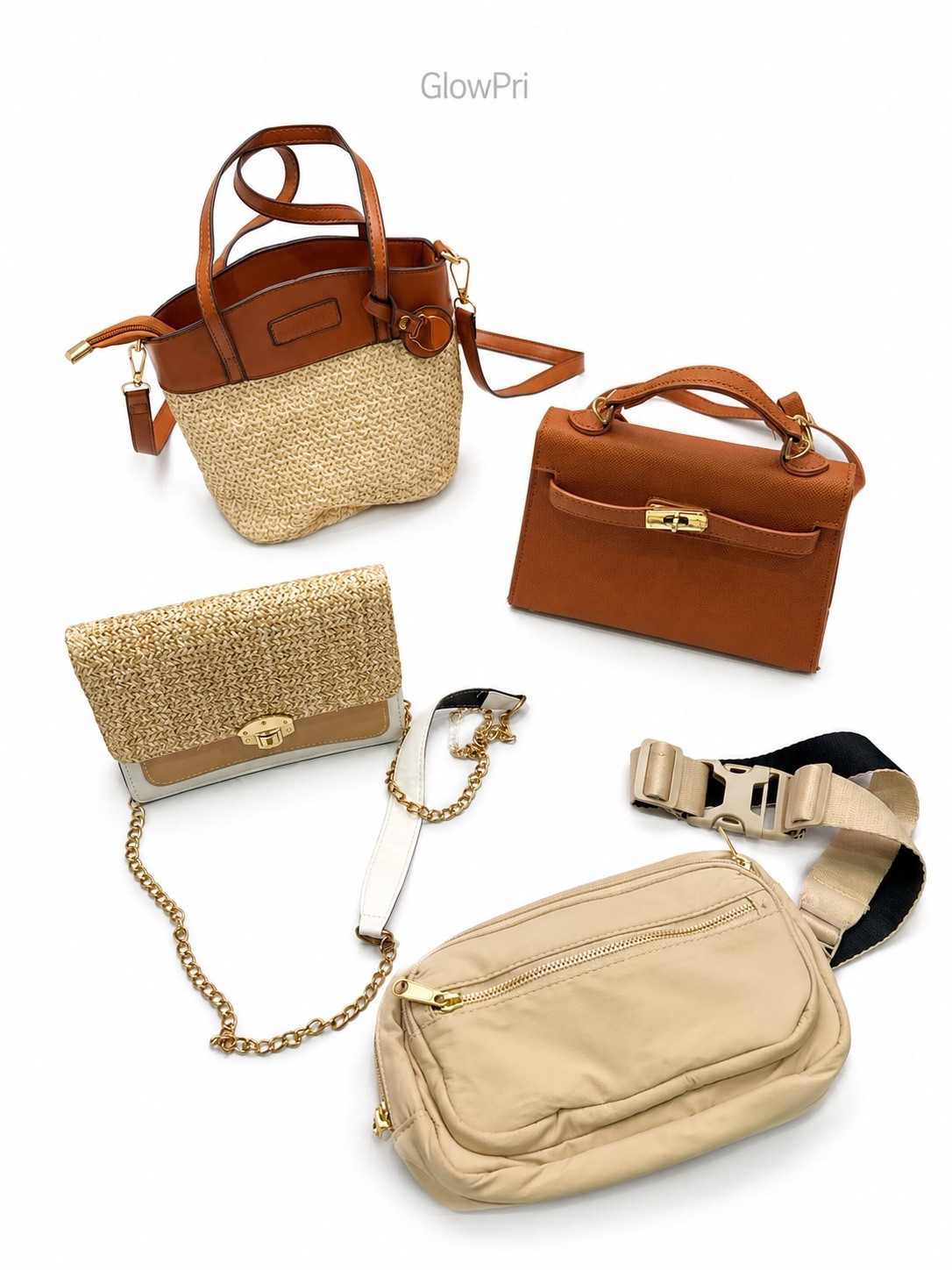 4 Women’s Crossbody & Shoulder Handbags Lot Beige Brown Straw Mixed Styles