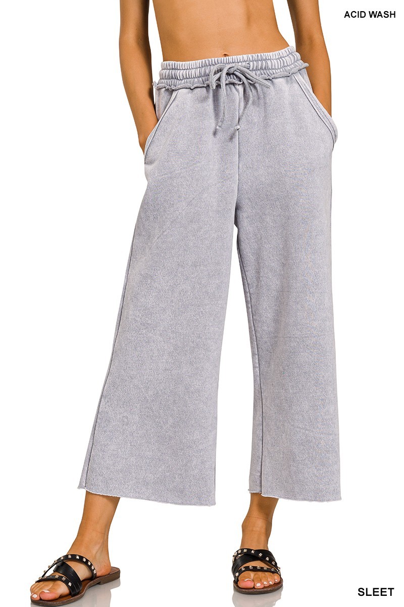 Sleet Zenana Palazzo Acid Wash Crop Sweatpants w/ Pockets Drawstring Waist