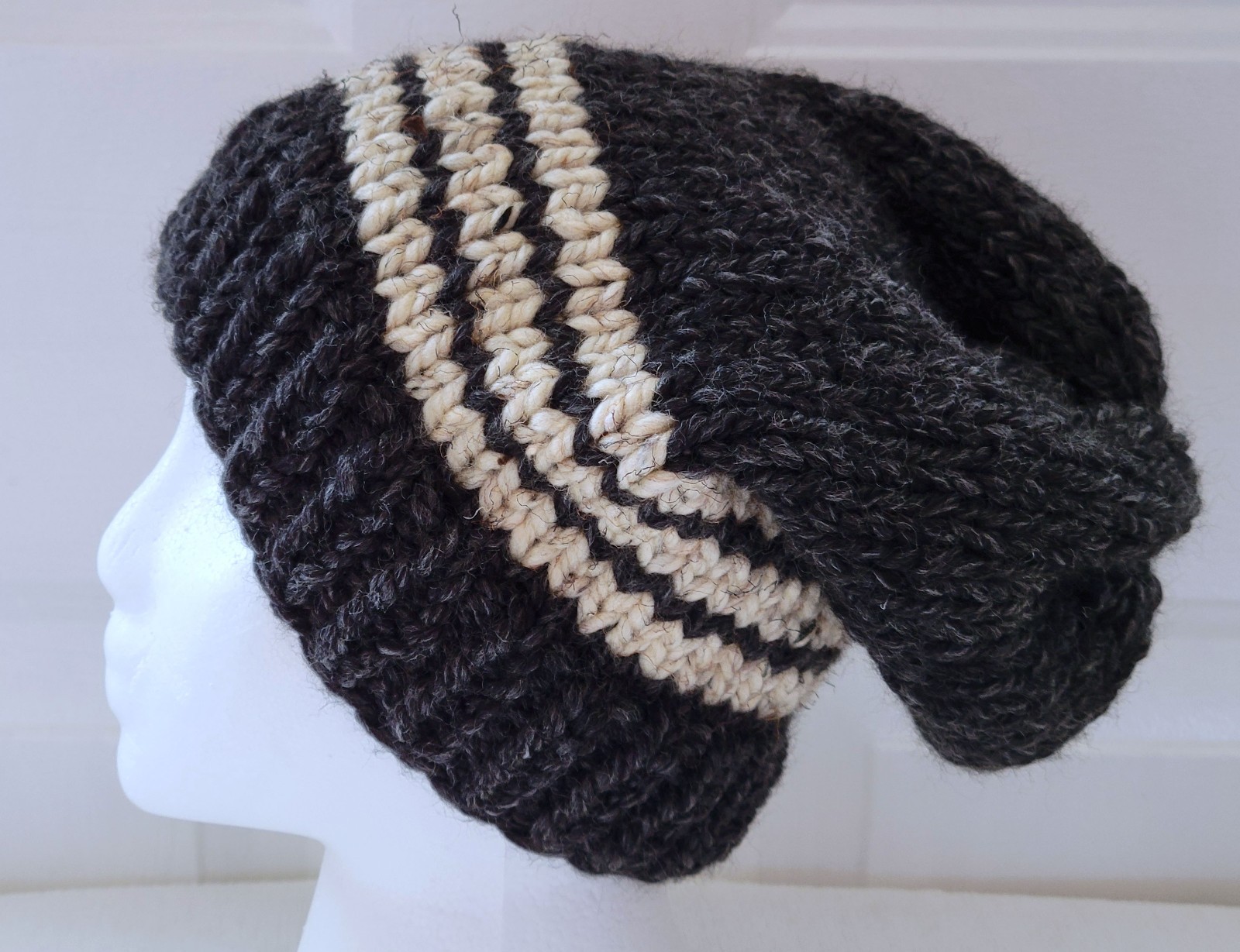 New Slouch Hat – Dark Gray w/ Beige Stripes – Wool Blend Handmade Hand Knit