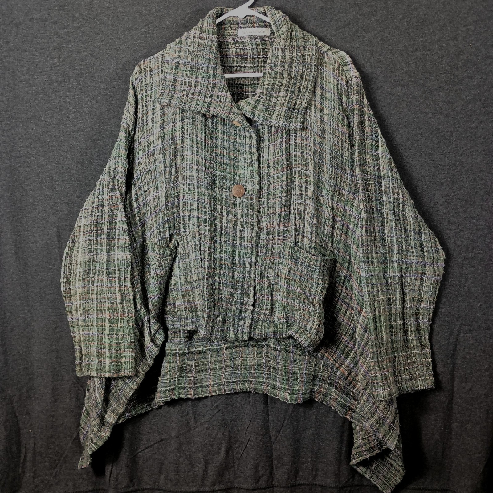 Yasuko Kurisaka Art to Wear Jacket Womens XL Green Lagenlook Woven Asymmetrical