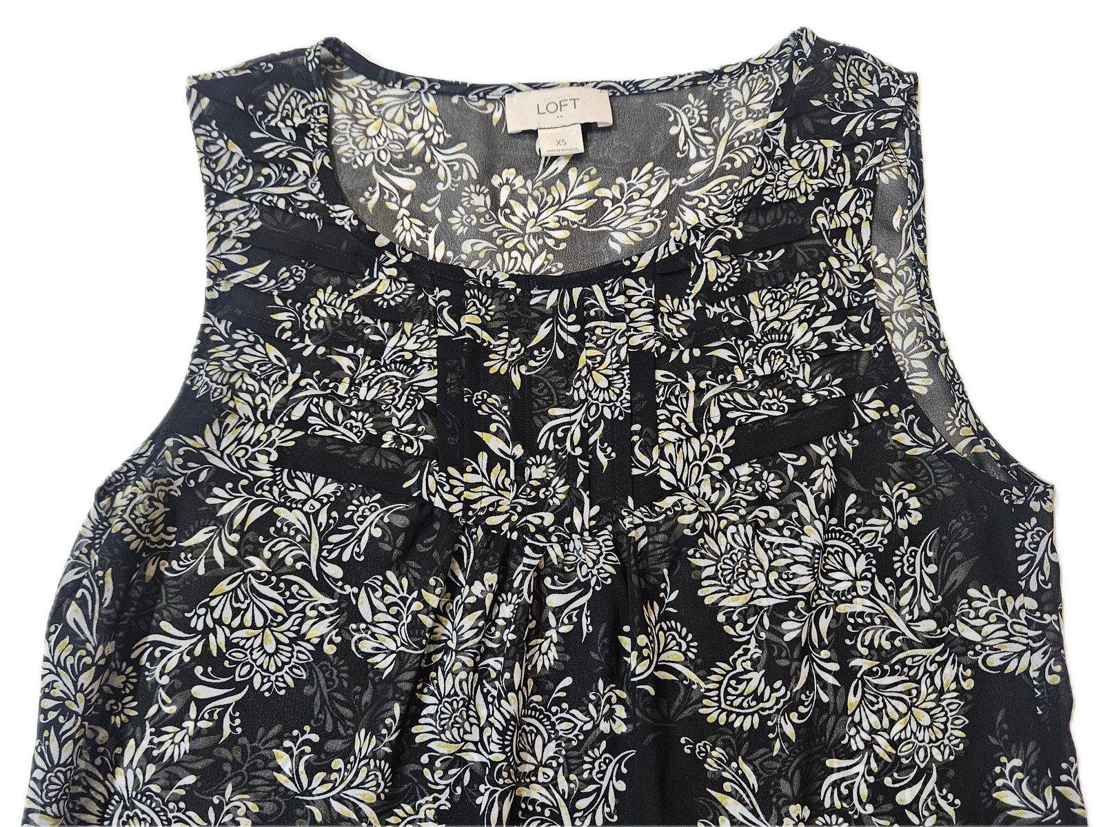 LOFT Blouse Womens XS Black Floral Pleated Sleeveless Round Neck Chiffon