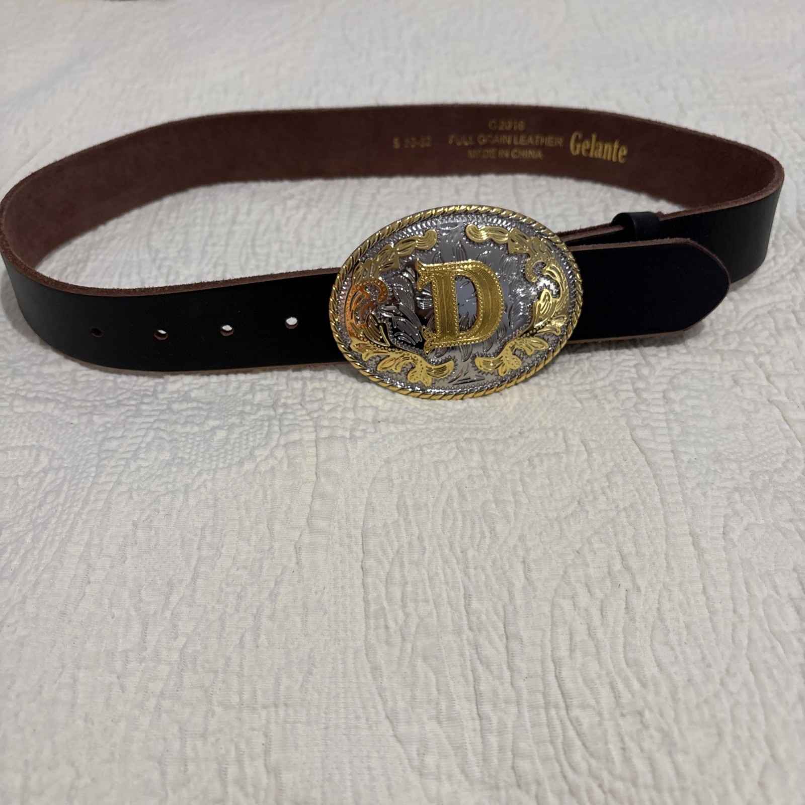 Gelante Leather country western Belt Big Silver & Gold Tone Buckle With D Sz S
