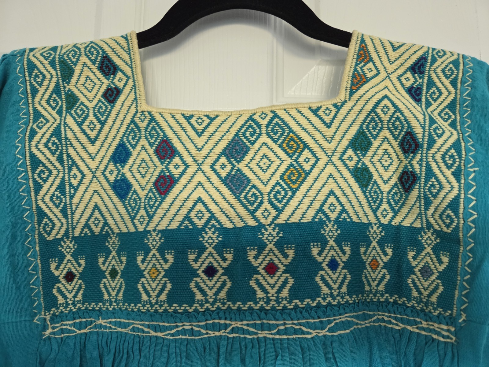 Teal Embroidered Peasant Tunic Top Women S/M Boho Lightweight Artisan Style