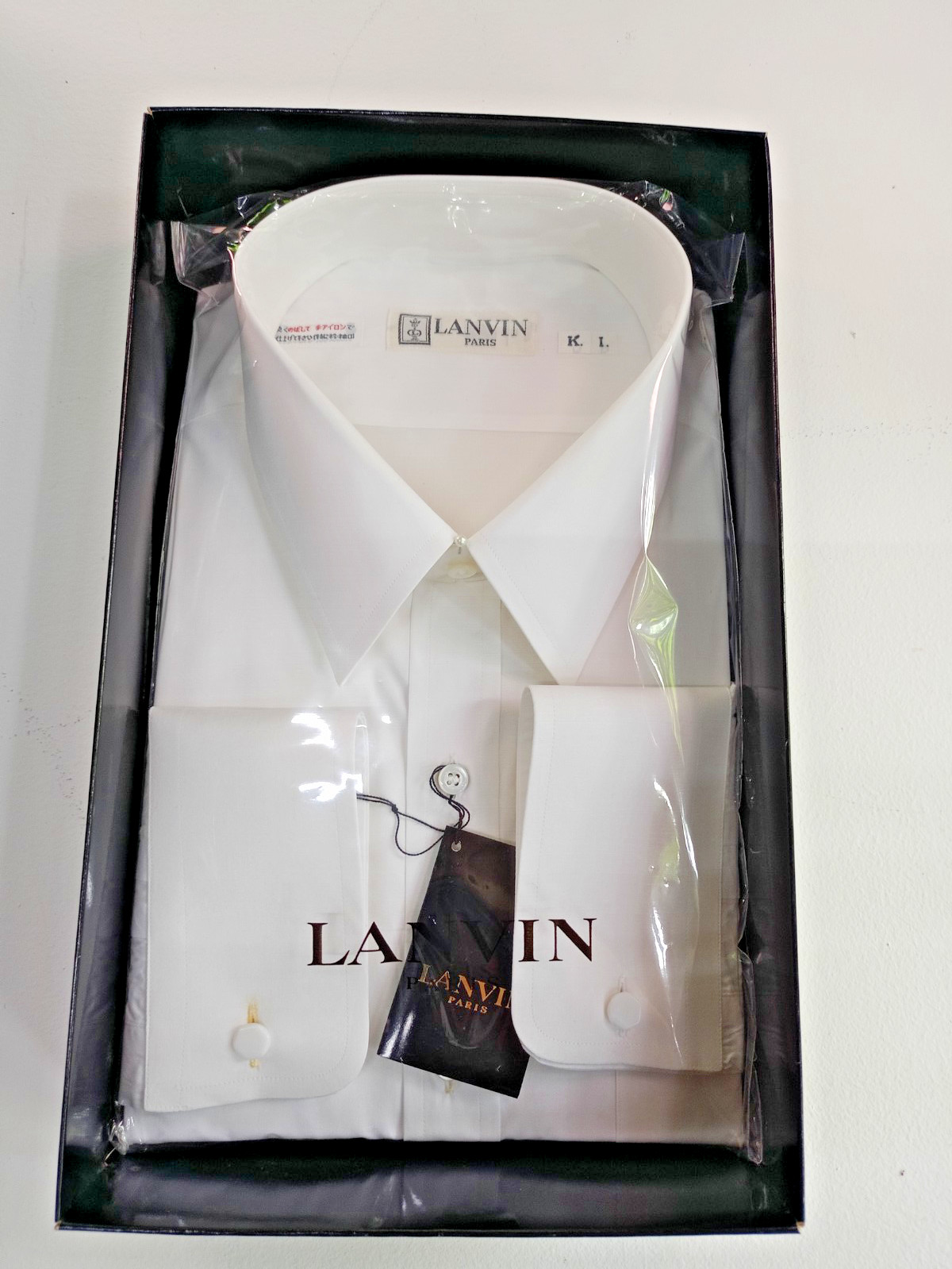 VTG Lanvin Paris White Swiss Cotton Dress Shirt XL Japan French Cuff NOS Box