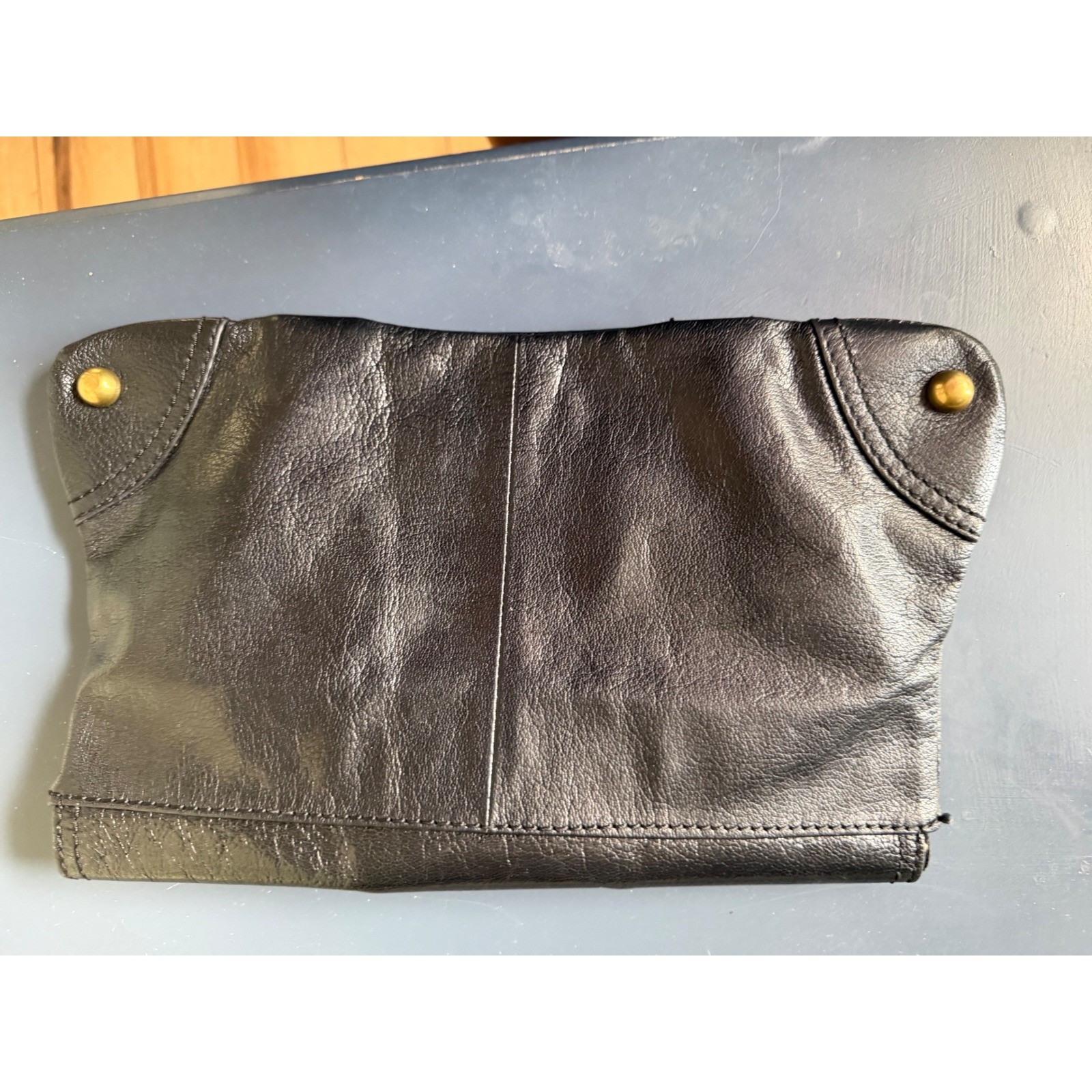 Hype Black Leather Studded Clutch Bag Brass Hardware Turnlock Toggle Closure