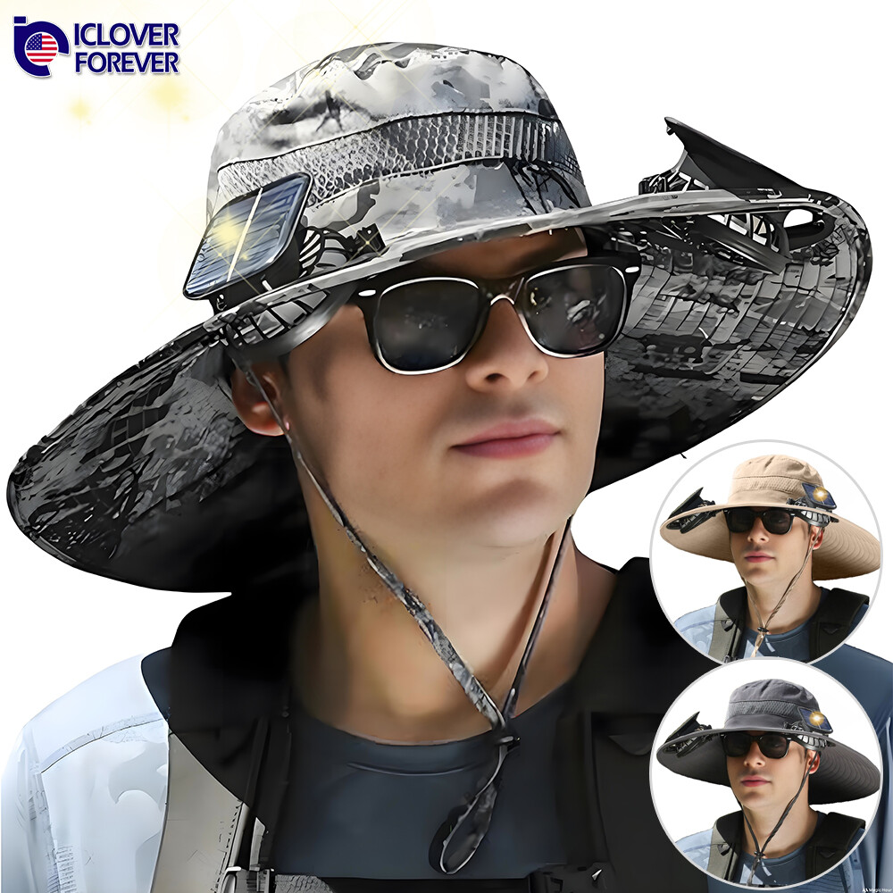 Solar Fan Hat Men Wide Brim Sun Fishing Outdoor Bucket Rechargeable With 2 Fan