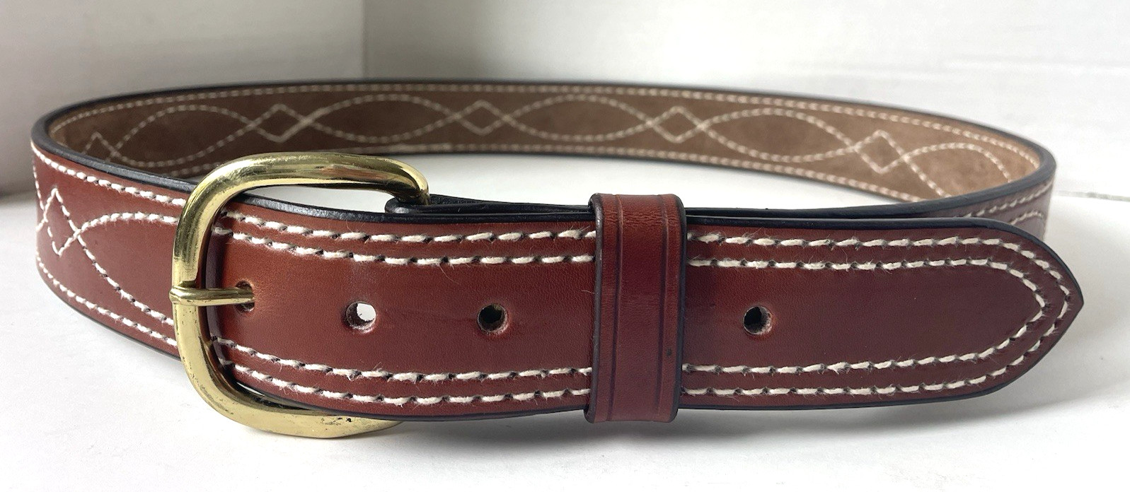 Triple K Leather Stitched Belt Size 38 Brown Brass Colored Buckle With Loop USA