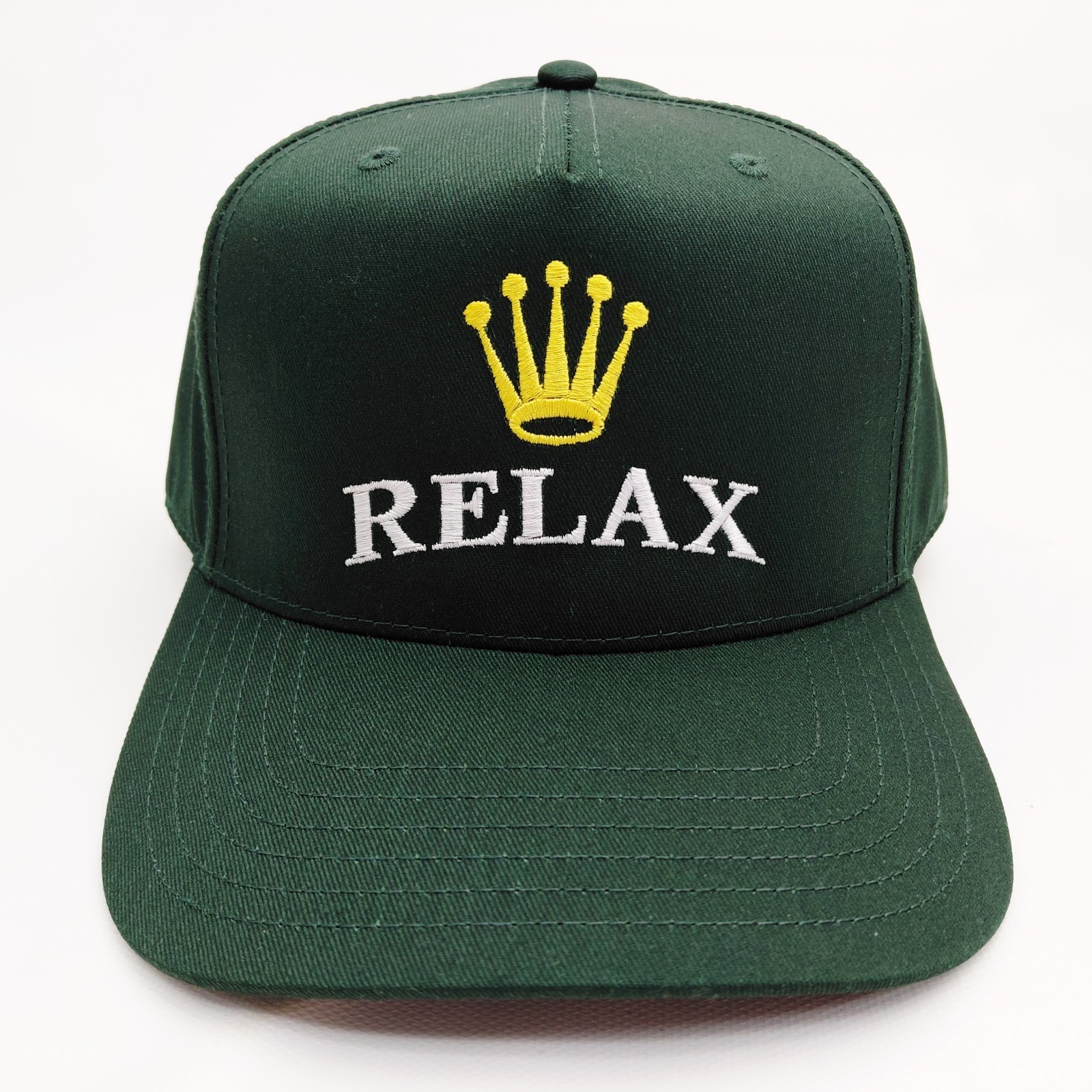 Relax Crown 5 Panel Snapback Hat Embroidered Dark Green High Profile Cap