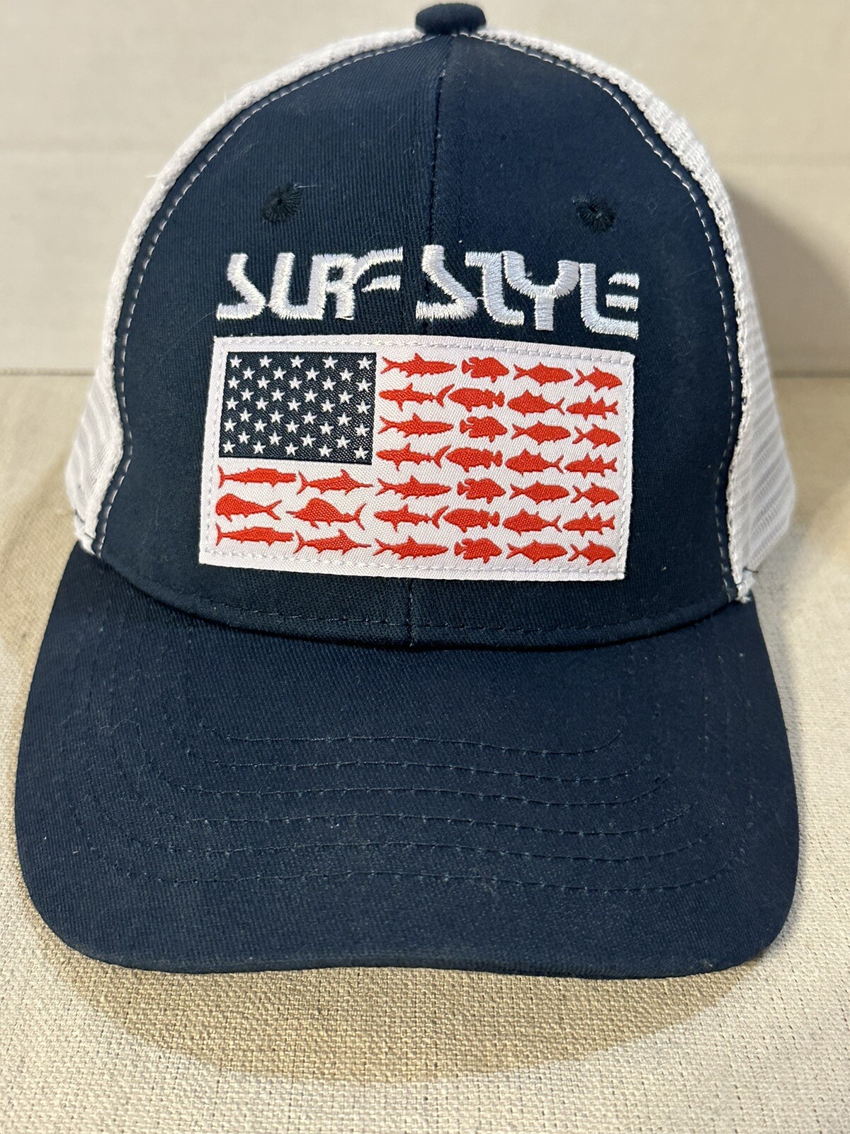 Surf Style Hat Cap Snap Back Mesh Fish Flag Logo One Size Adjustable Ocean