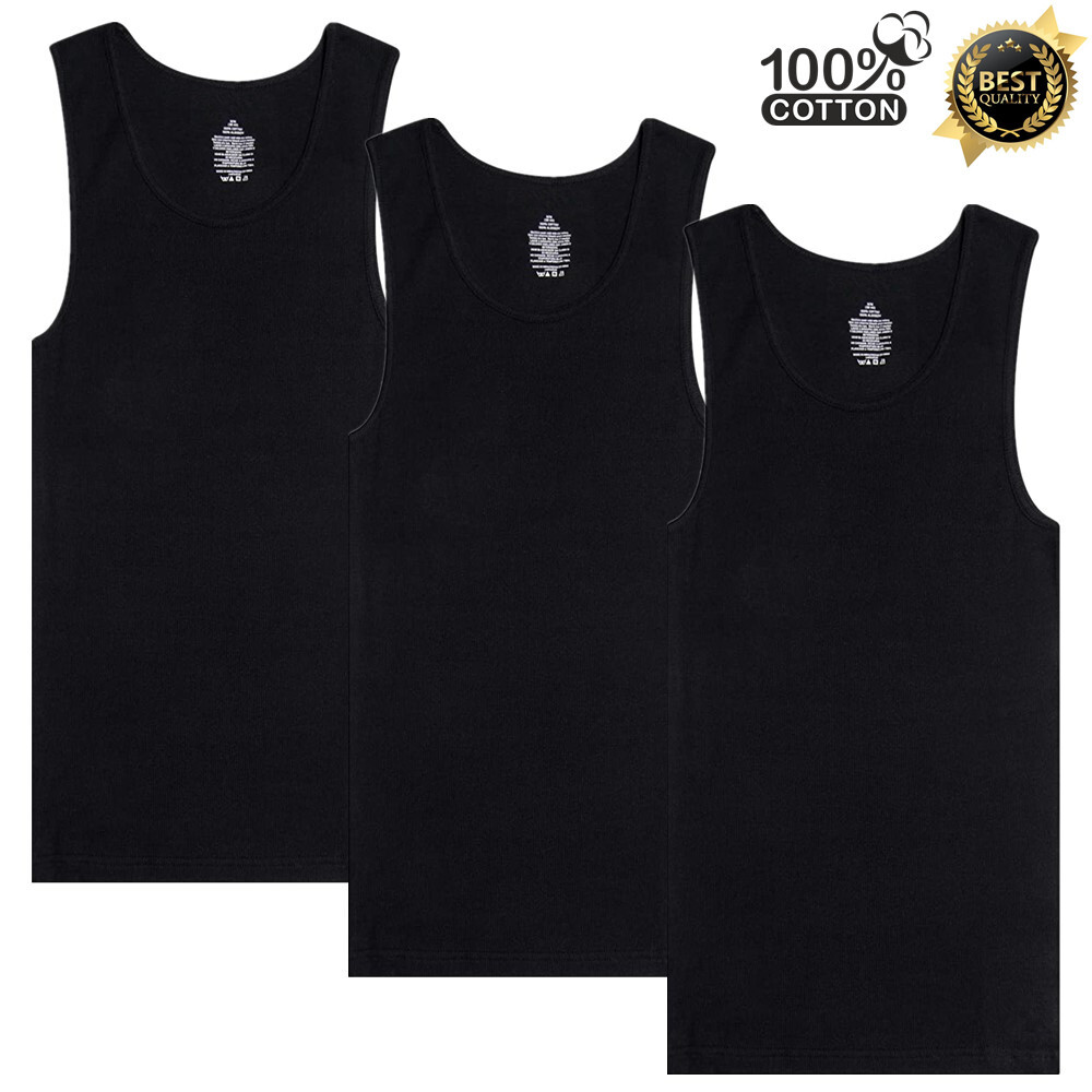 3-6 Packs Mens 100% Cotton Tank Top A-Shirt Wife-Beater Undershirt Ribbed Black