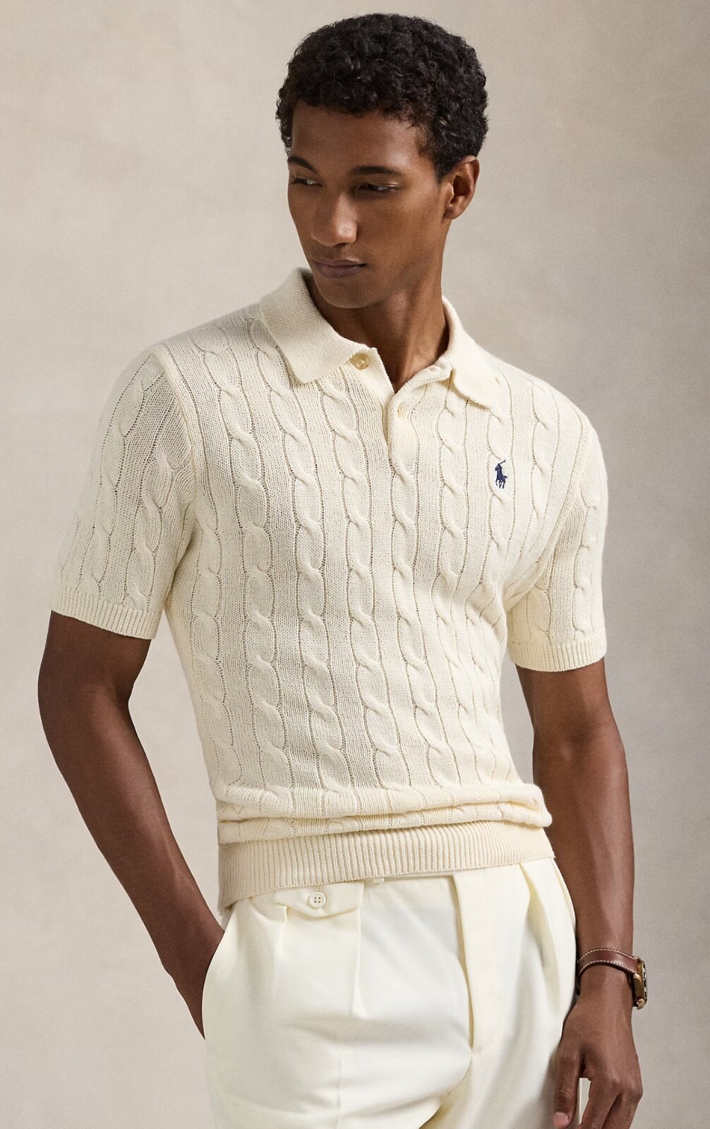 NWT Polo Ralph Lauren Cream Cotton Cable Knit Polo-Collar Short Sleeve Sweater