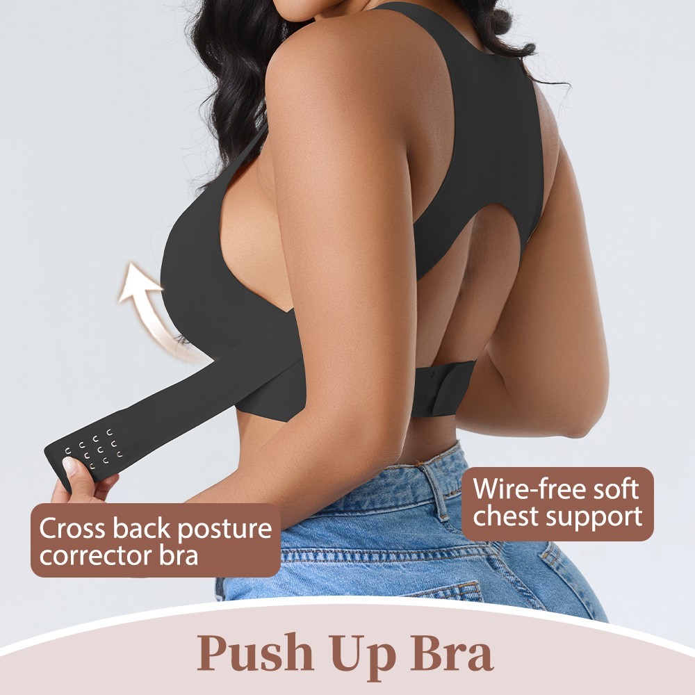 Posture Correction Wireless Bra Cross Back 3 Hook Adjustable Push Up Sports Top