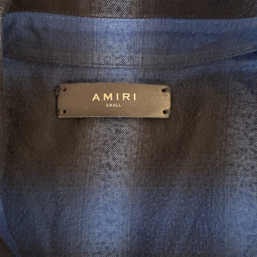 AMIRI Distressed Plaid Cotton Button Up Flannel Shirt-Blue ombre-Raw Hem-Men’s S
