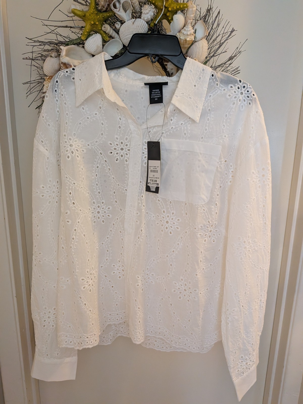 Liv Los Angeles 2X Collared Buttons Embroidered See Through Lace White Shirt NEW