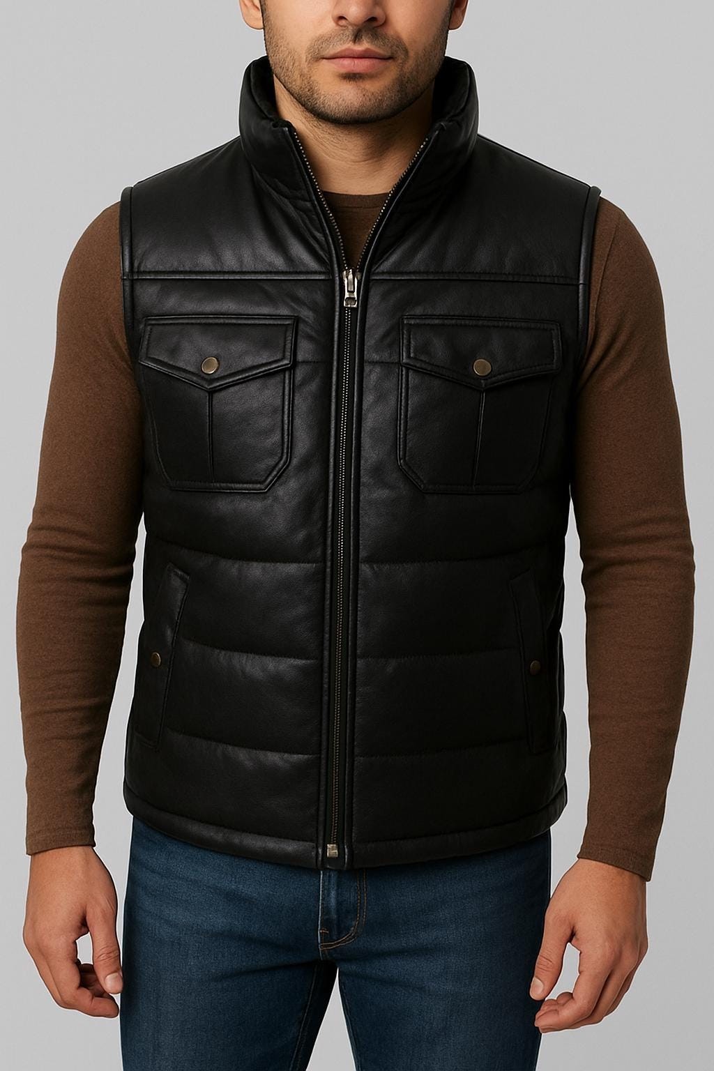 Men Black Vest Genuine Lambskin Leather Quilted Vest Biker Puffer Vest Customise