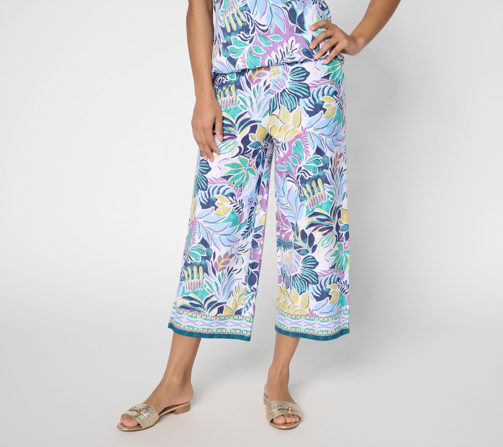 Denim & Co. Denim and Co. Regular Beach Jersey Wide Leg Crop Pants Jade Tropical