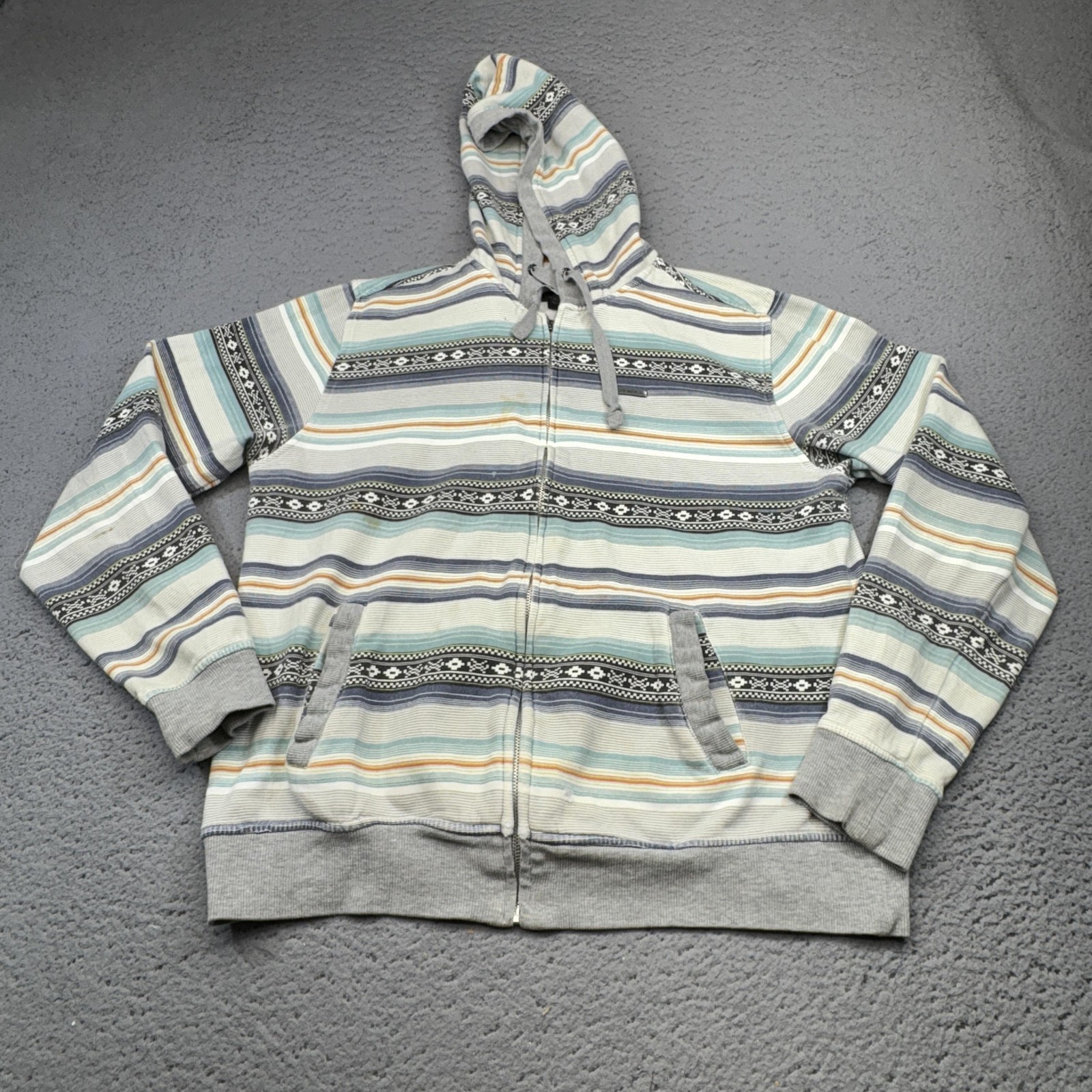 O’Neill Hoodie Mens Medium Gray Full Zip Hooded Pockets Striped Aztec Surfing