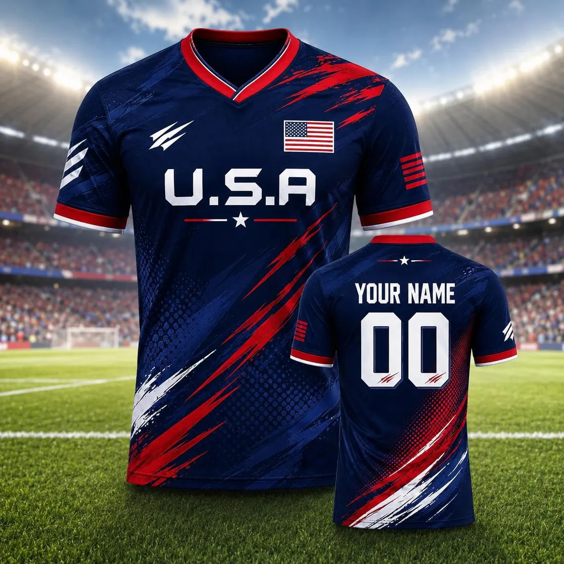 Patriotic USA Soccer Jersey Red White Blue Custom Name Number Sports Shirt Style