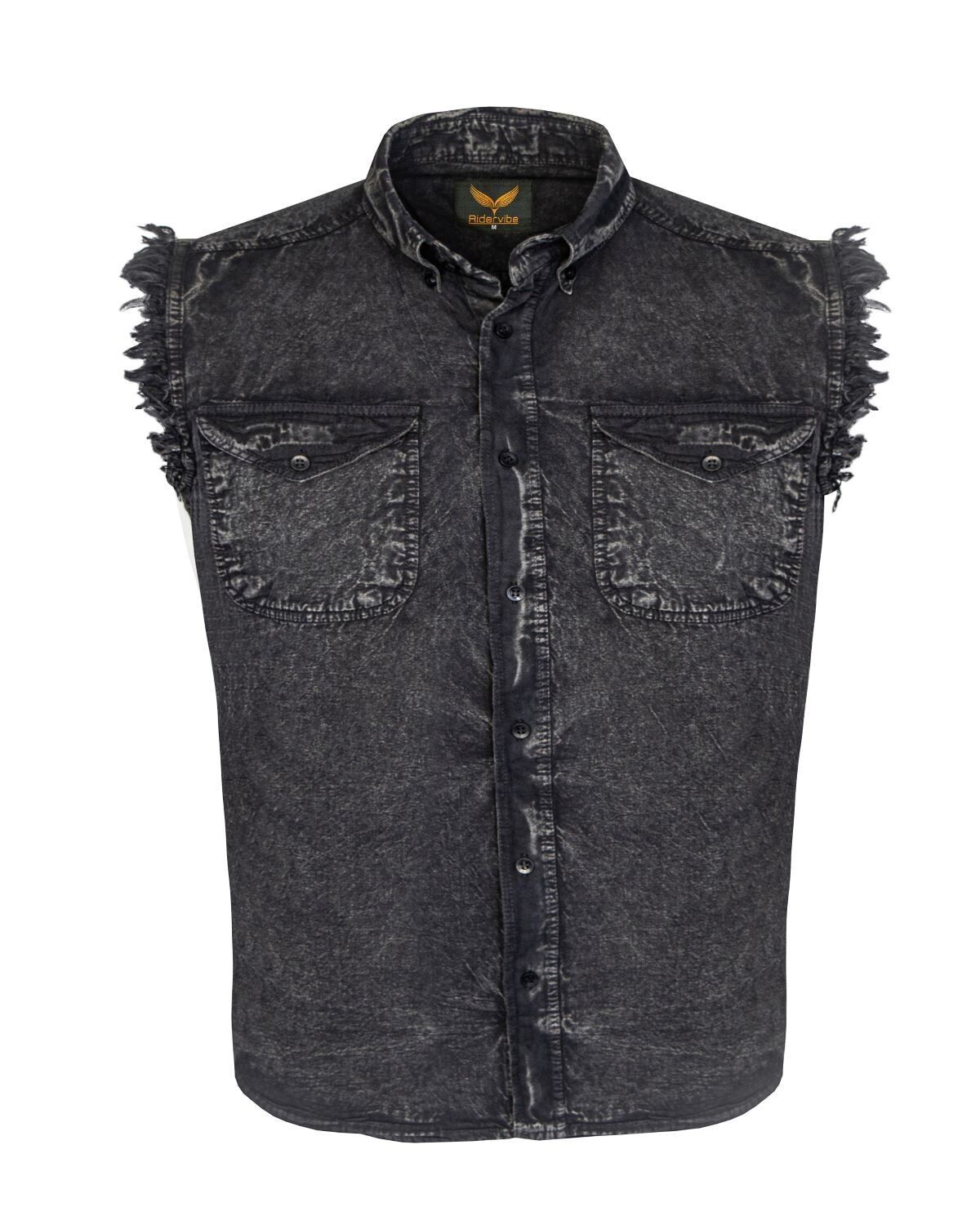 Mens Cotton Stonewash Button Acid Wash Cut Off Shirt Frayed Sleeves 8 Colors