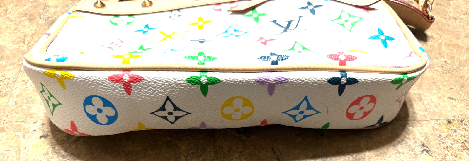 Y2K Multicolor Monogram Print Pochette Shoulder Bag Leather Bow Studded Trim
